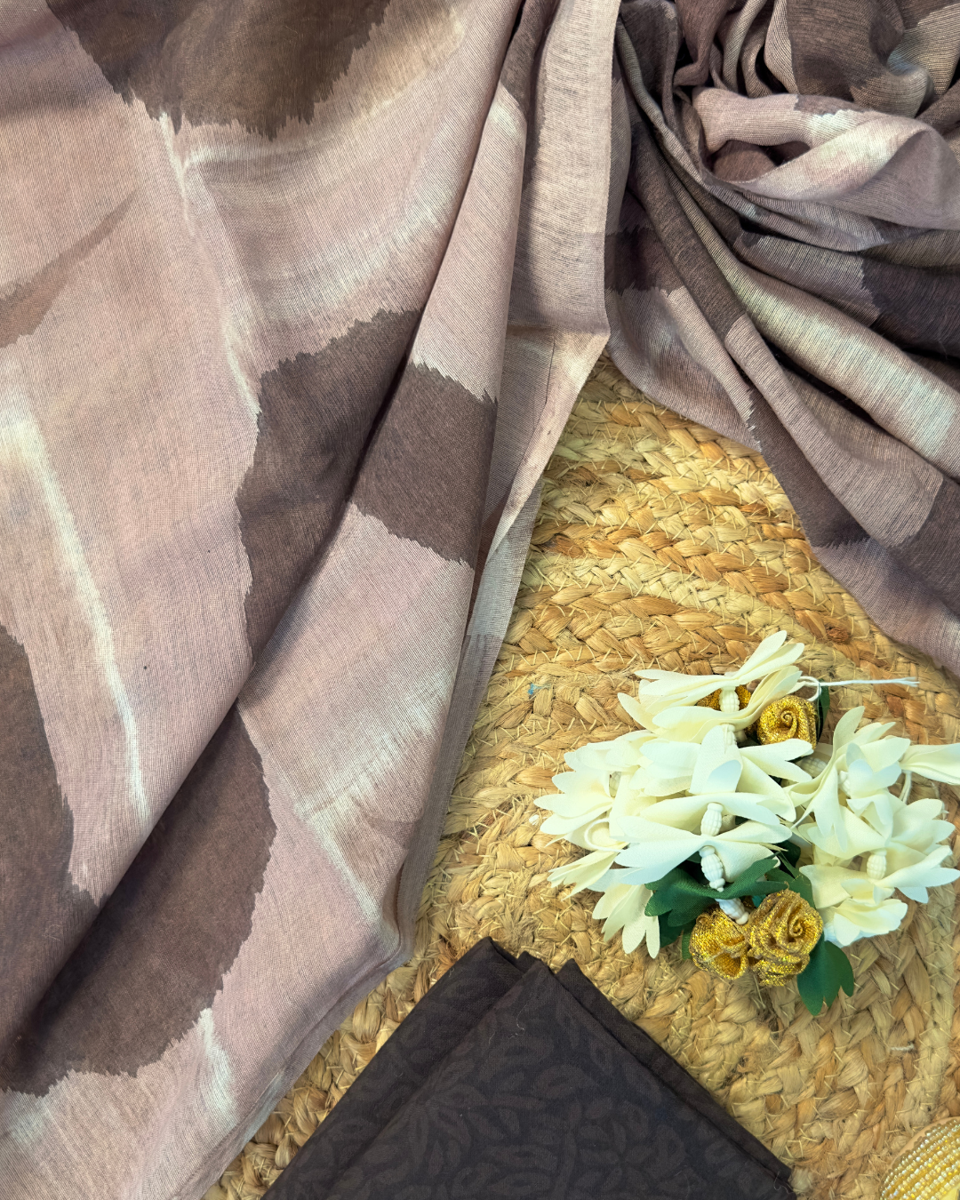 Kavira – Coffee Brown Chanderi Marble Print Unstitched Suit Set