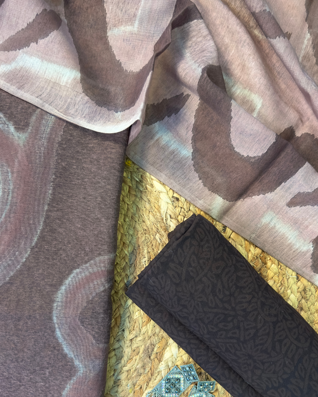 Kavira – Coffee Brown Chanderi Marble Print Unstitched Suit Set