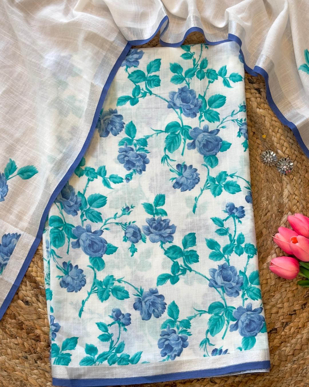 Neelpushp – White Linen Unstitched Floral Suit Set in Ferozi & Blue