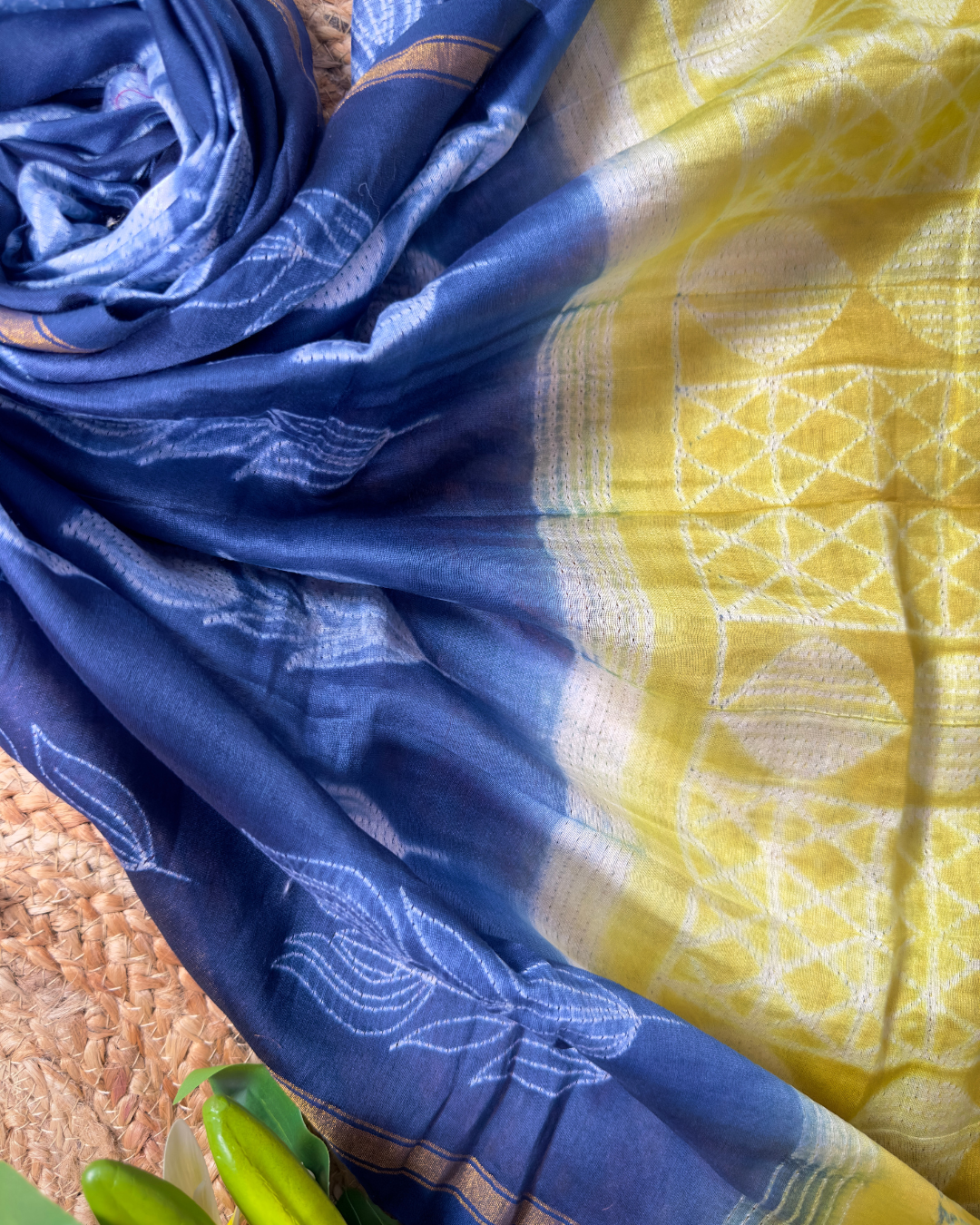 Neelvira – Lime Green Chanderi Unstitched Suit with Indigo Needle Dying