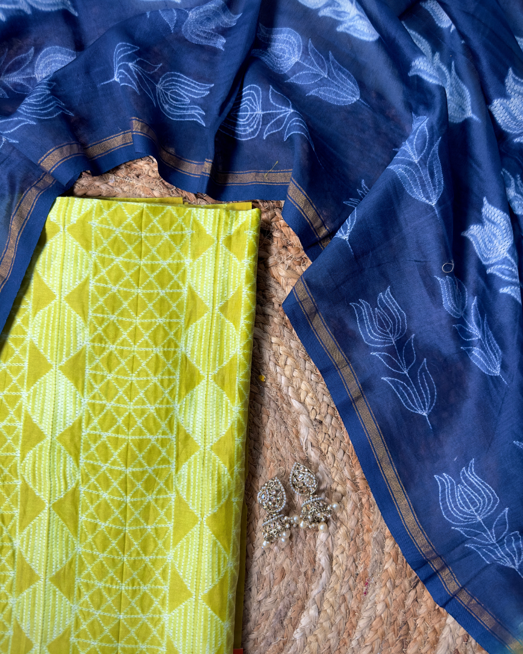 Neelvira – Lime Green Chanderi Unstitched Suit with Indigo Needle Dying
