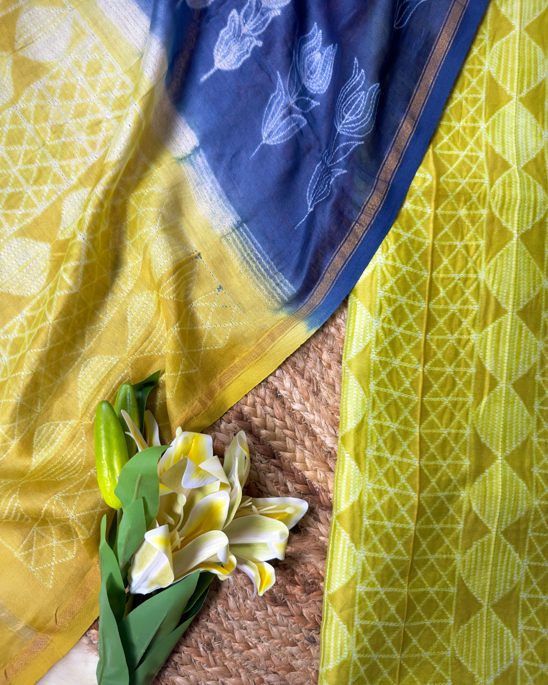 Neelvira – Lime Green Chanderi Unstitched Suit with Indigo Needle Dying