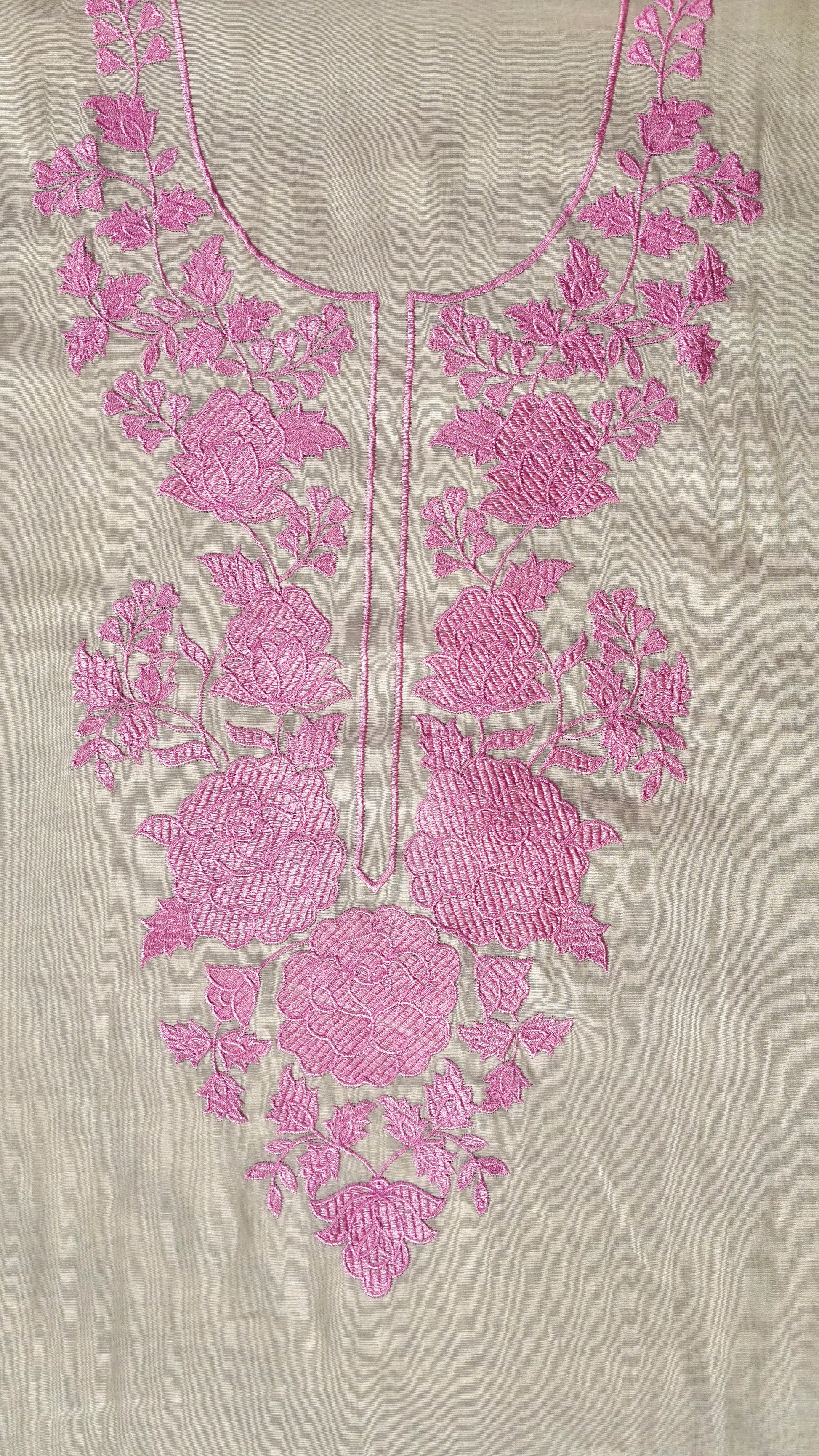 Beige Rosé WIshper- Light Beige Mulmul Chanderi Unstitched Resham Embroidered Suit Set