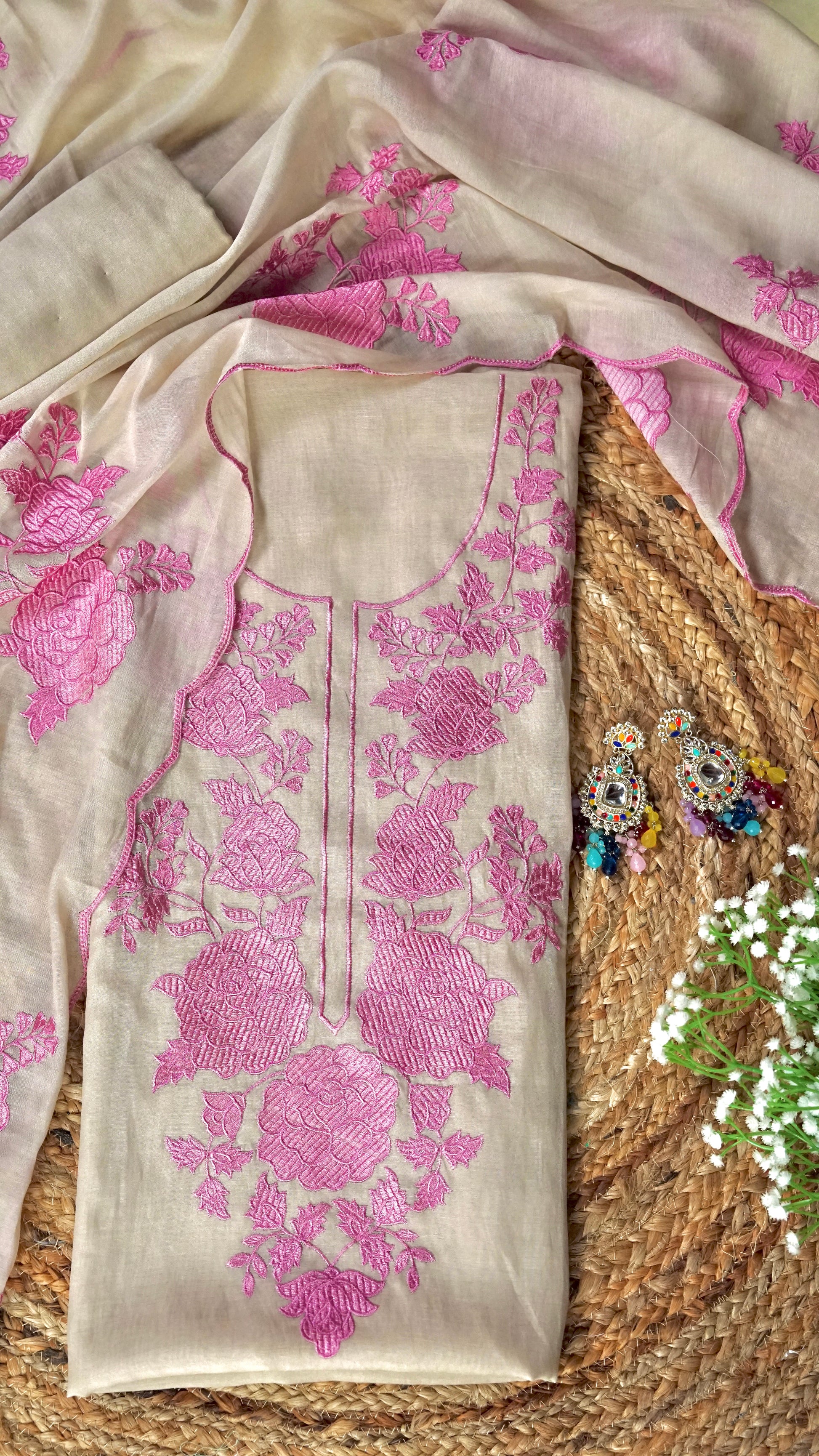 Beige Rosé WIshper- Light Beige Mulmul Chanderi Unstitched Resham Embroidered Suit Set