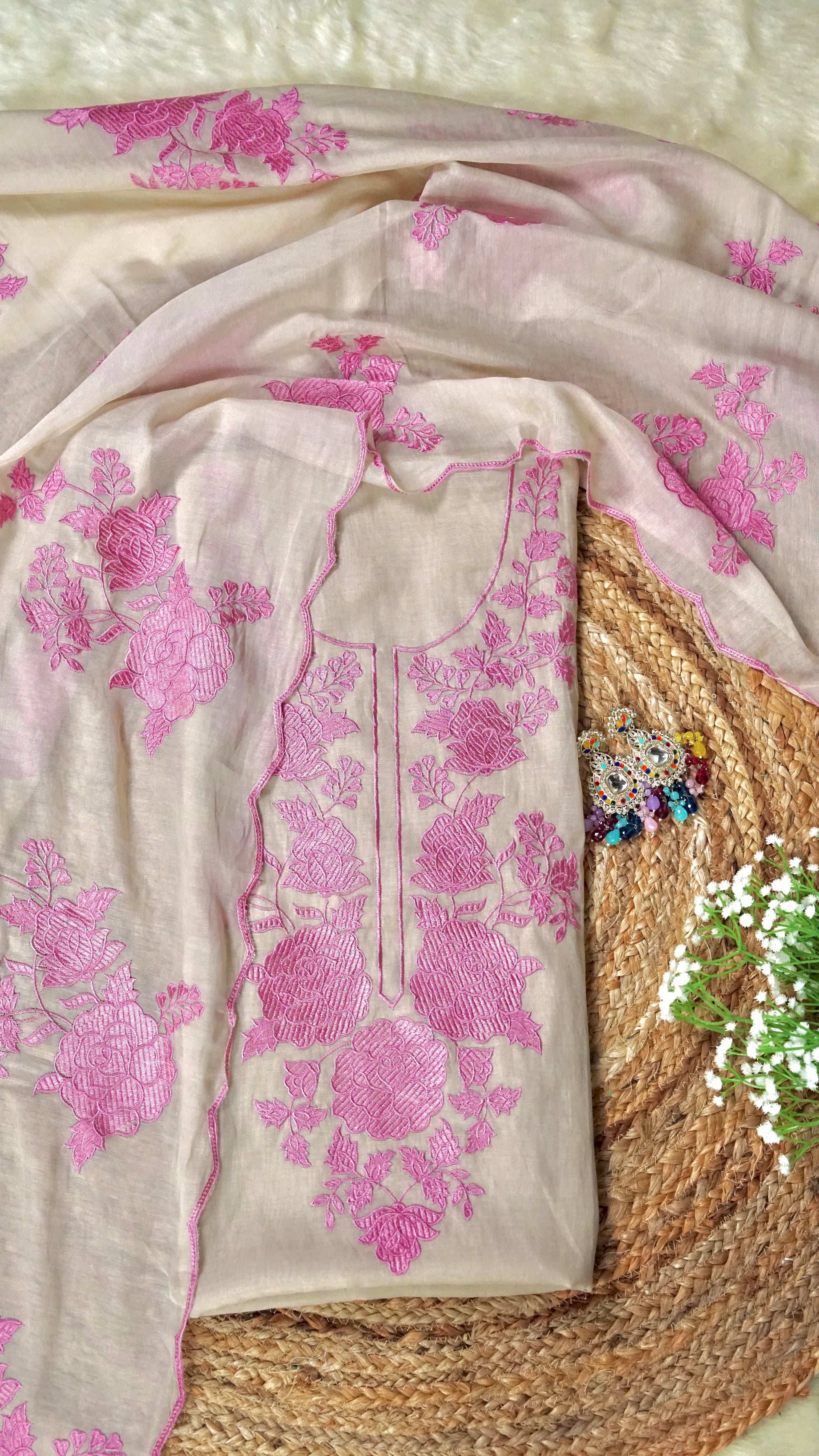 Beige Rosé WIshper- Light Beige Mulmul Chanderi Unstitched Resham Embroidered Suit Set