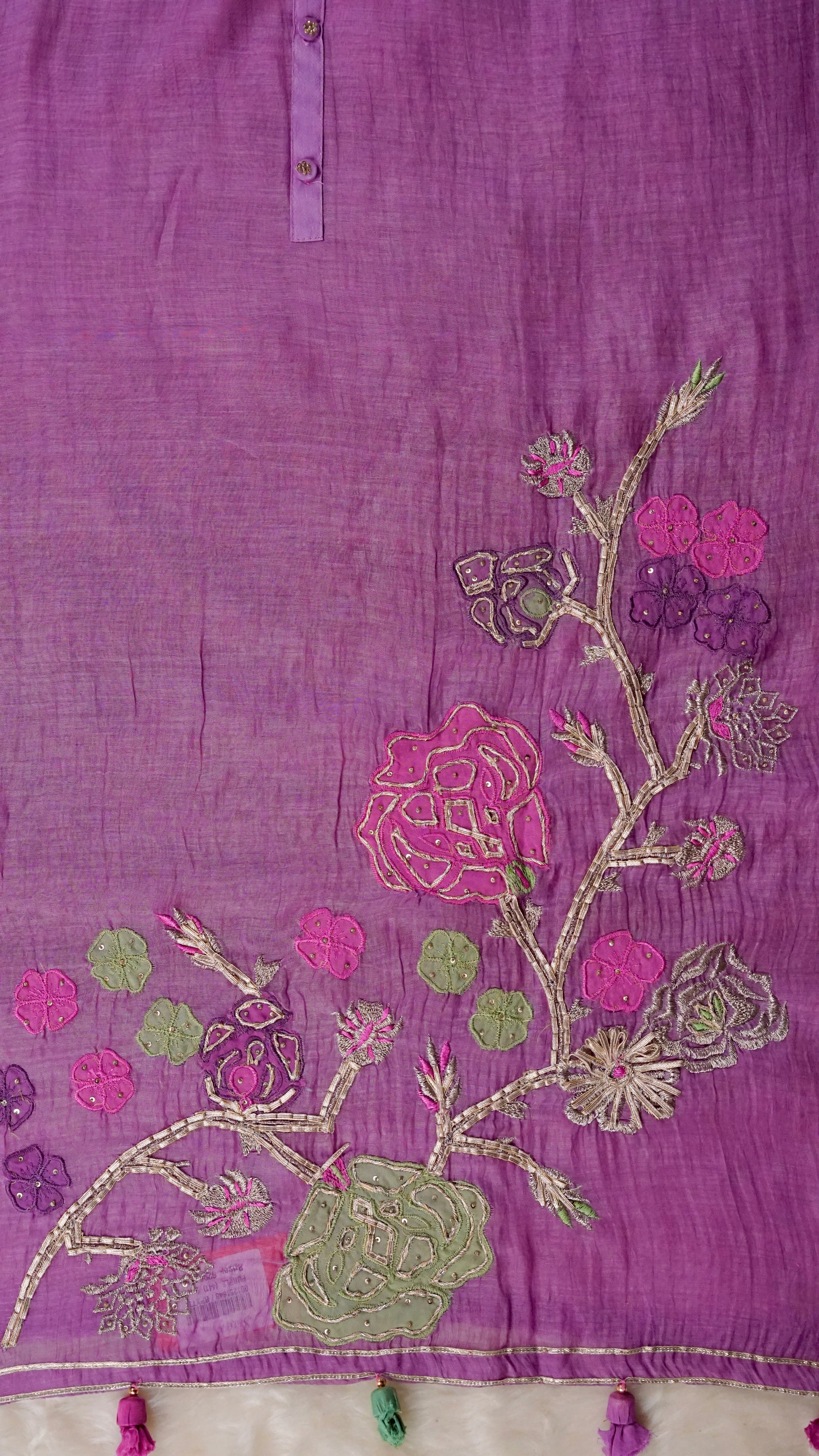 Lavanyaa – Lavender Mulmul Chanderi Unstitched Appliqué & Gotta Embroidered Suit Set
