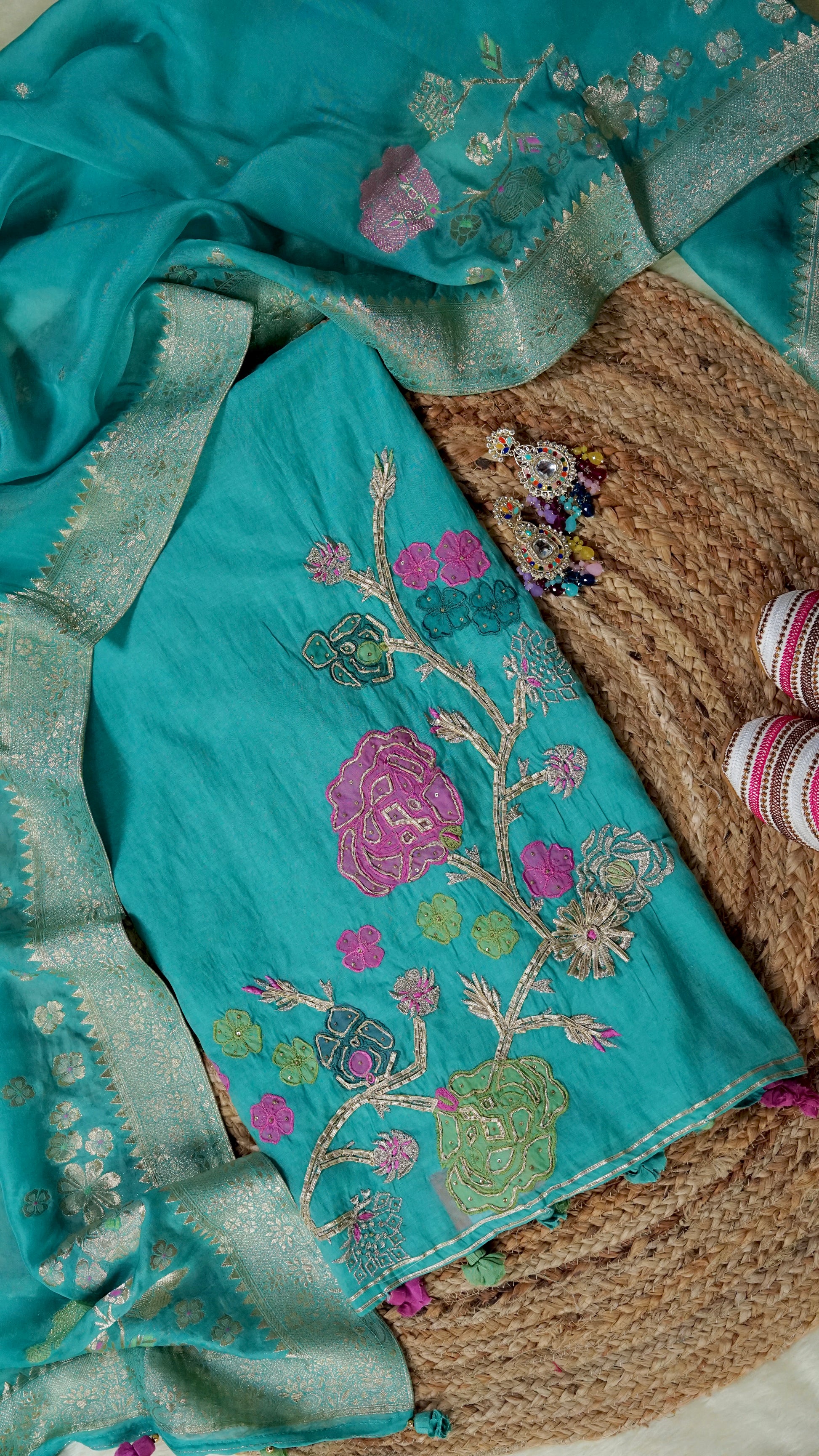 Neeraja – Sea Green Mulmul Chanderi Unstitched Appliqué & Gotta Embroidered Suit Set