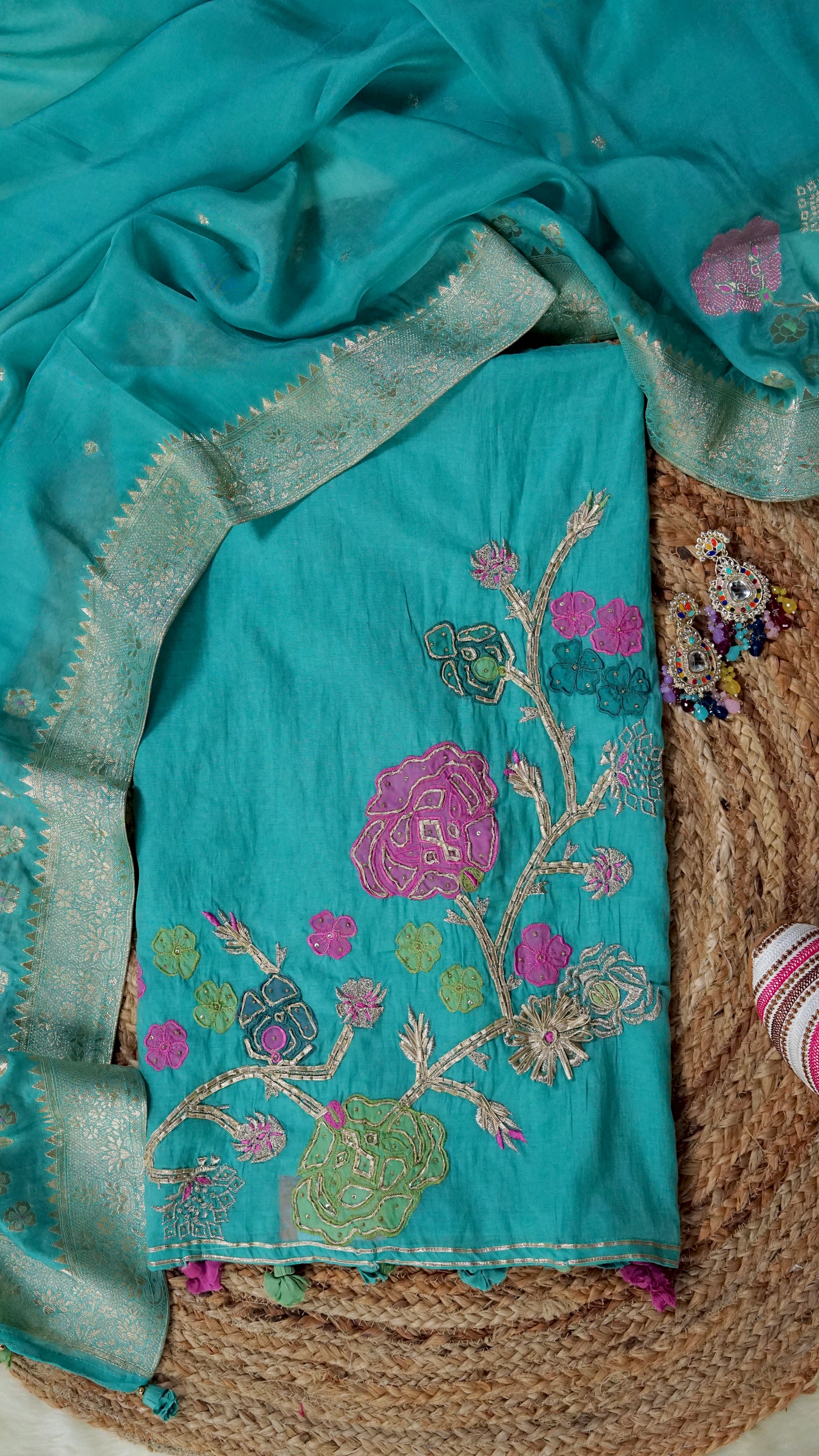 Neeraja – Sea Green Mulmul Chanderi Unstitched Appliqué & Gotta Embroidered Suit Set