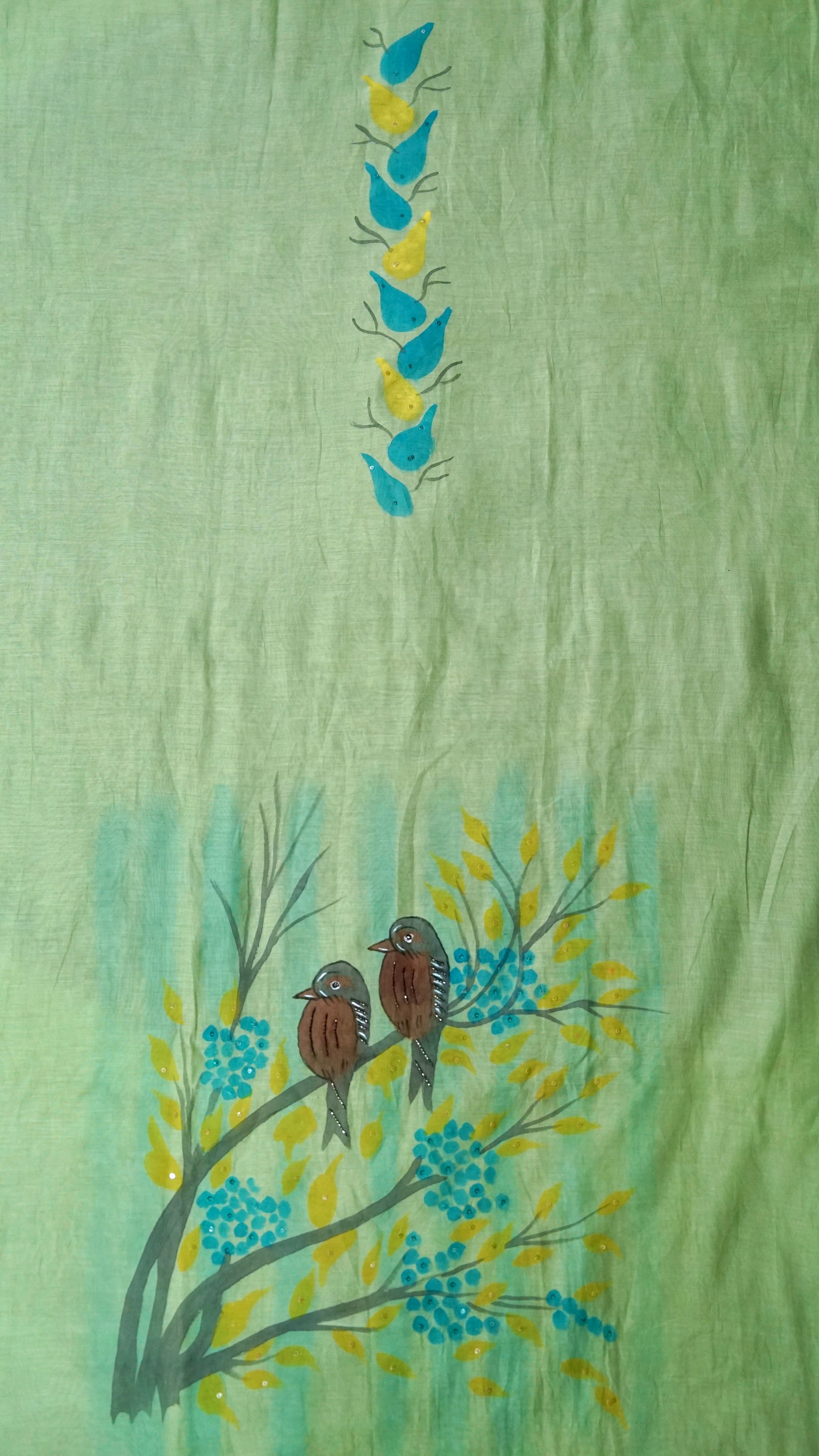 Pistabaani – Pista Green Mulmul Chanderi Unstitched Handpainted & Embroidered Suit Set