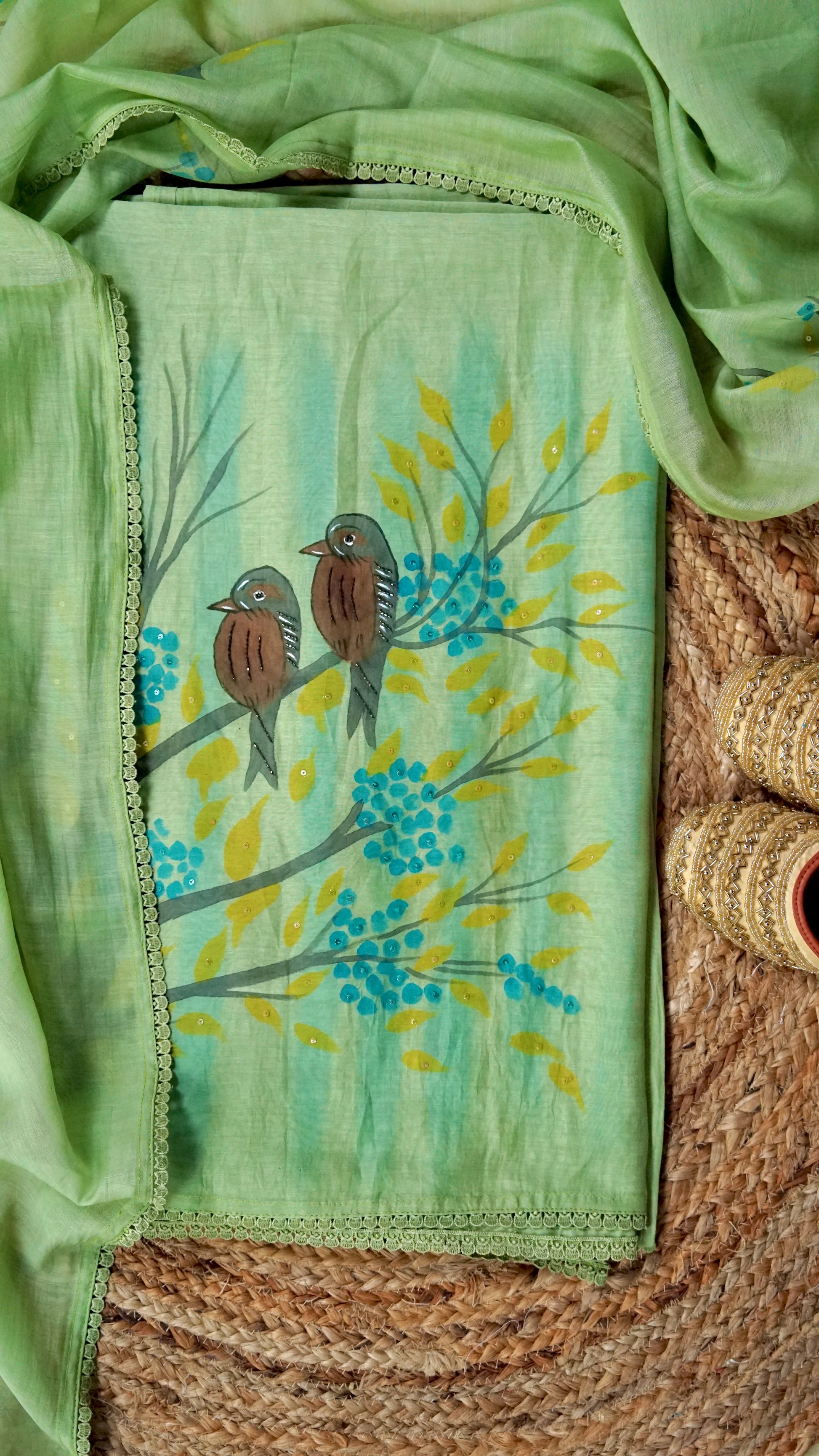 Pistabaani – Pista Green Mulmul Chanderi Unstitched Handpainted & Embroidered Suit Set