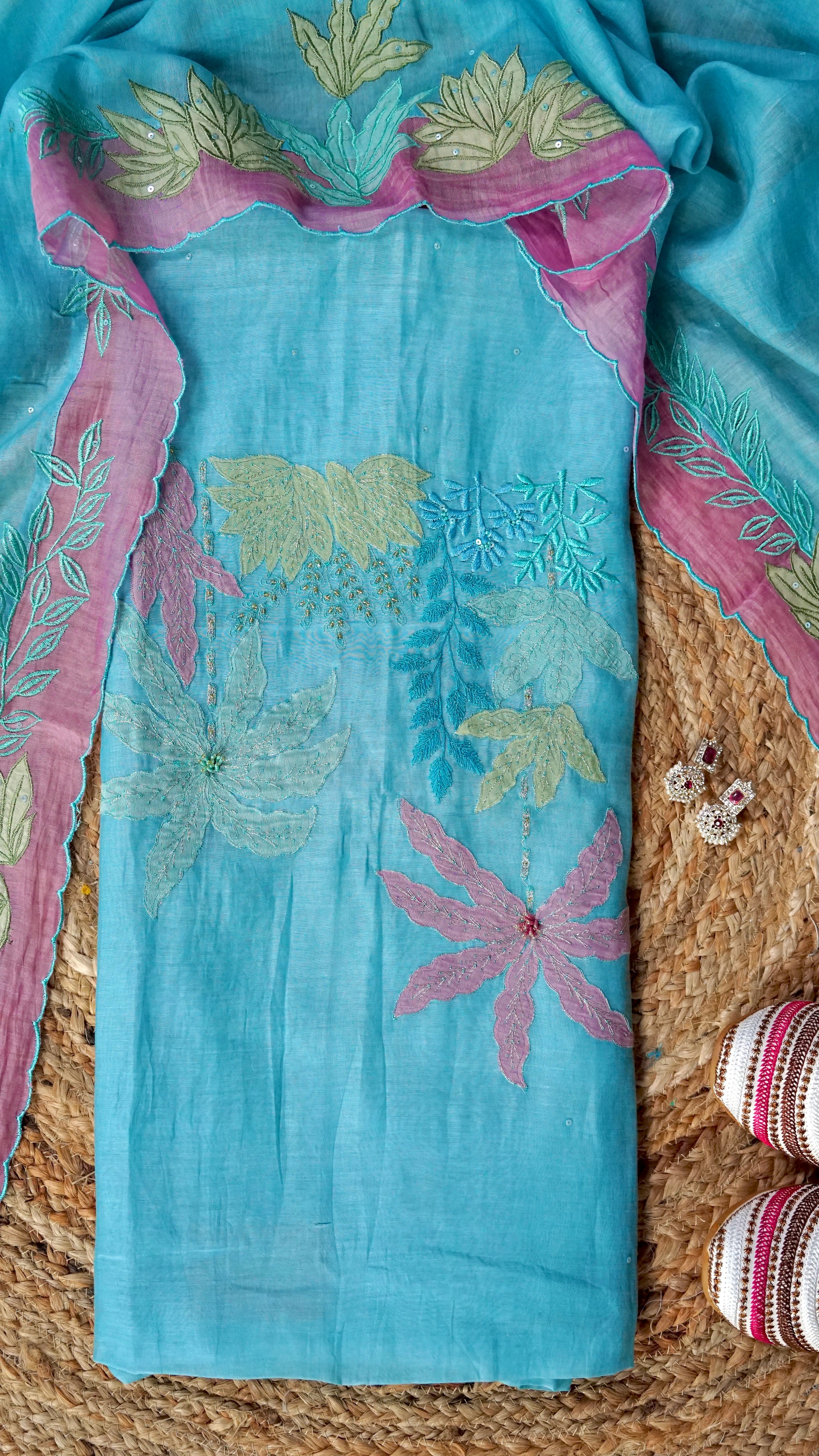Aabheri – Ferozi Mulmul Chanderi Unstitched Appliqué & Sequin Embroidered Suit Set