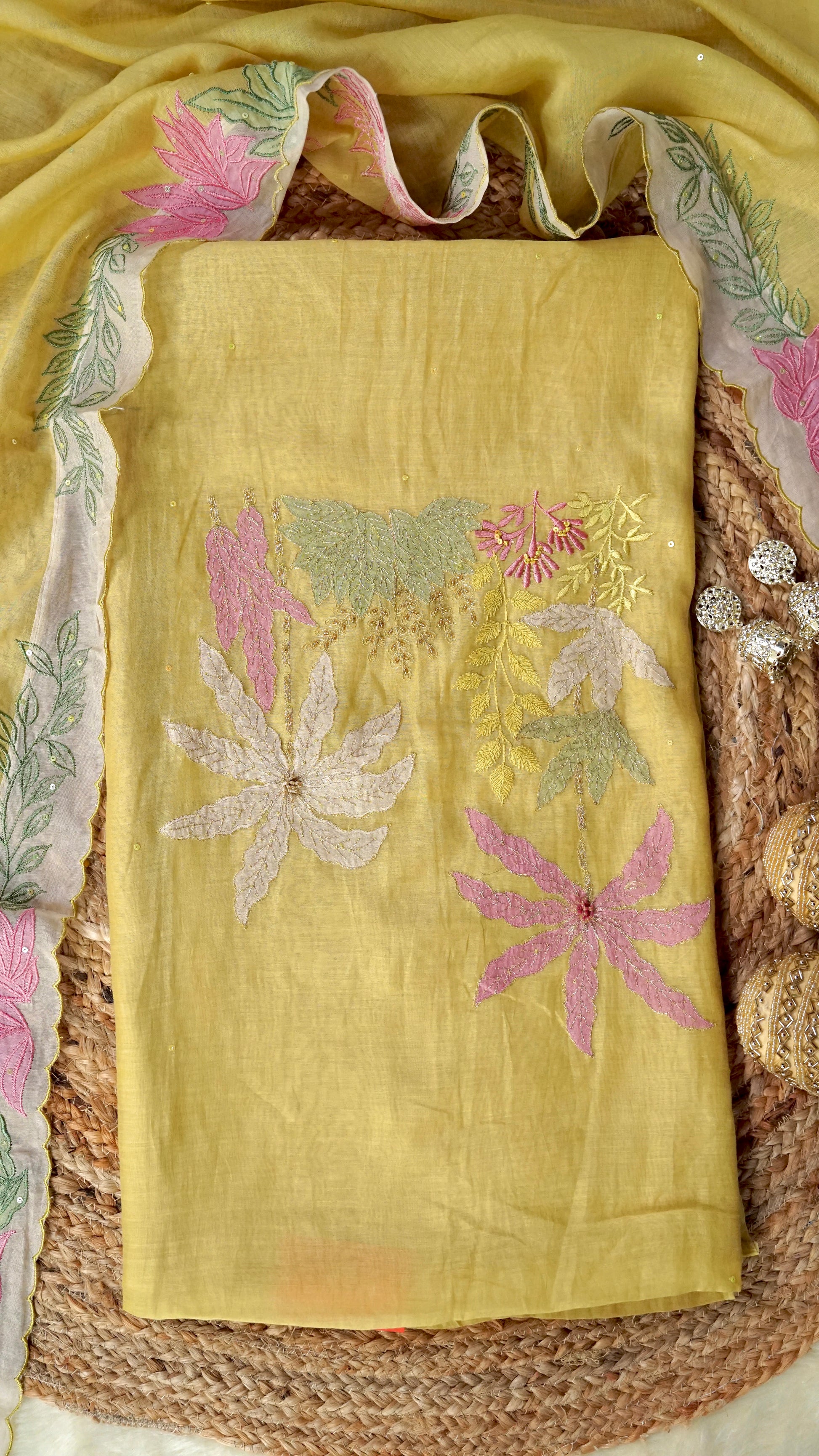 Gulnaaz – Yellow Mulmul Chanderi Unstitched Appliqué & Sequin Embroidered Suit Set