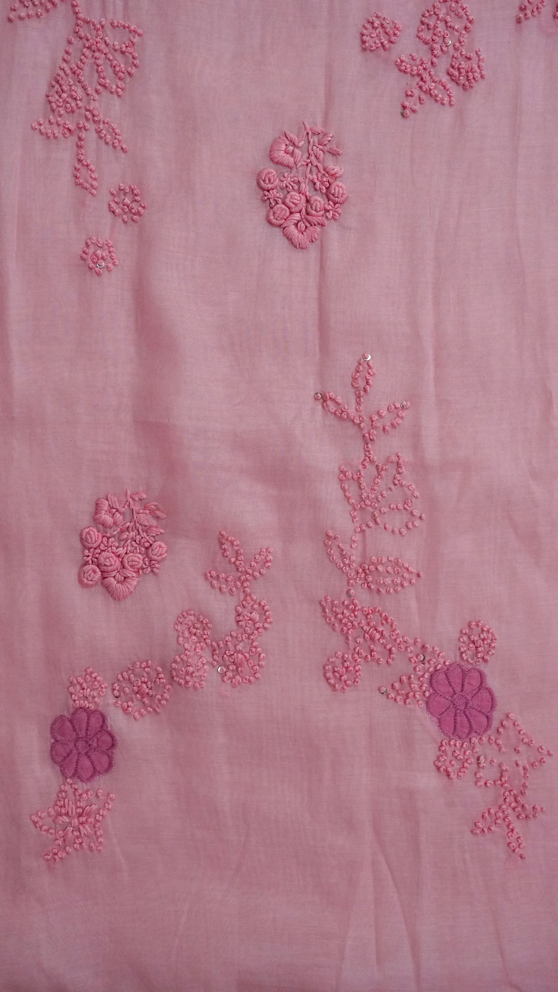 Kumudini – Peach Mulmul Chanderi Unstitched French Knot & Appliqué Embroidered Suit Set