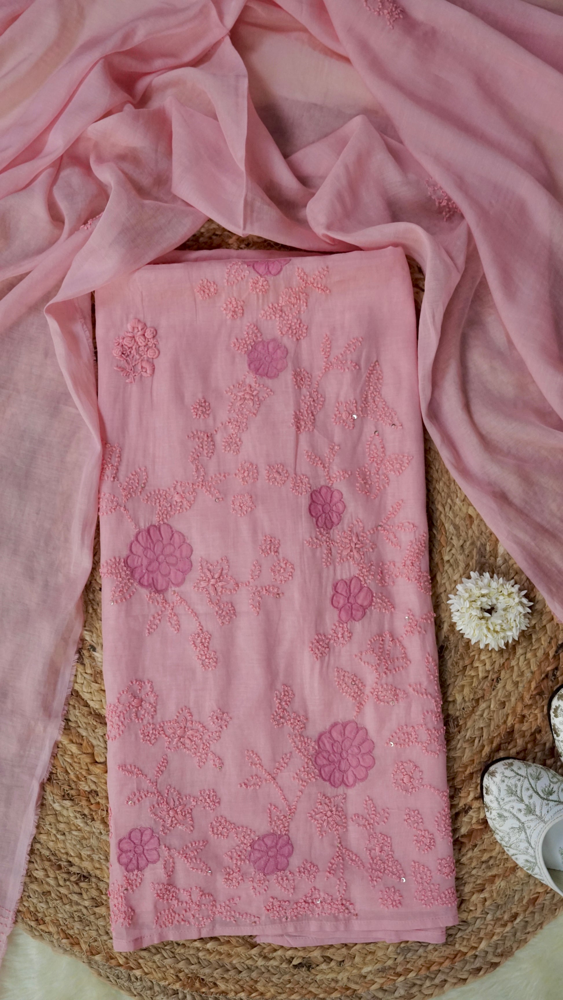 Kumudini – Peach Mulmul Chanderi Unstitched French Knot & Appliqué Embroidered Suit Set