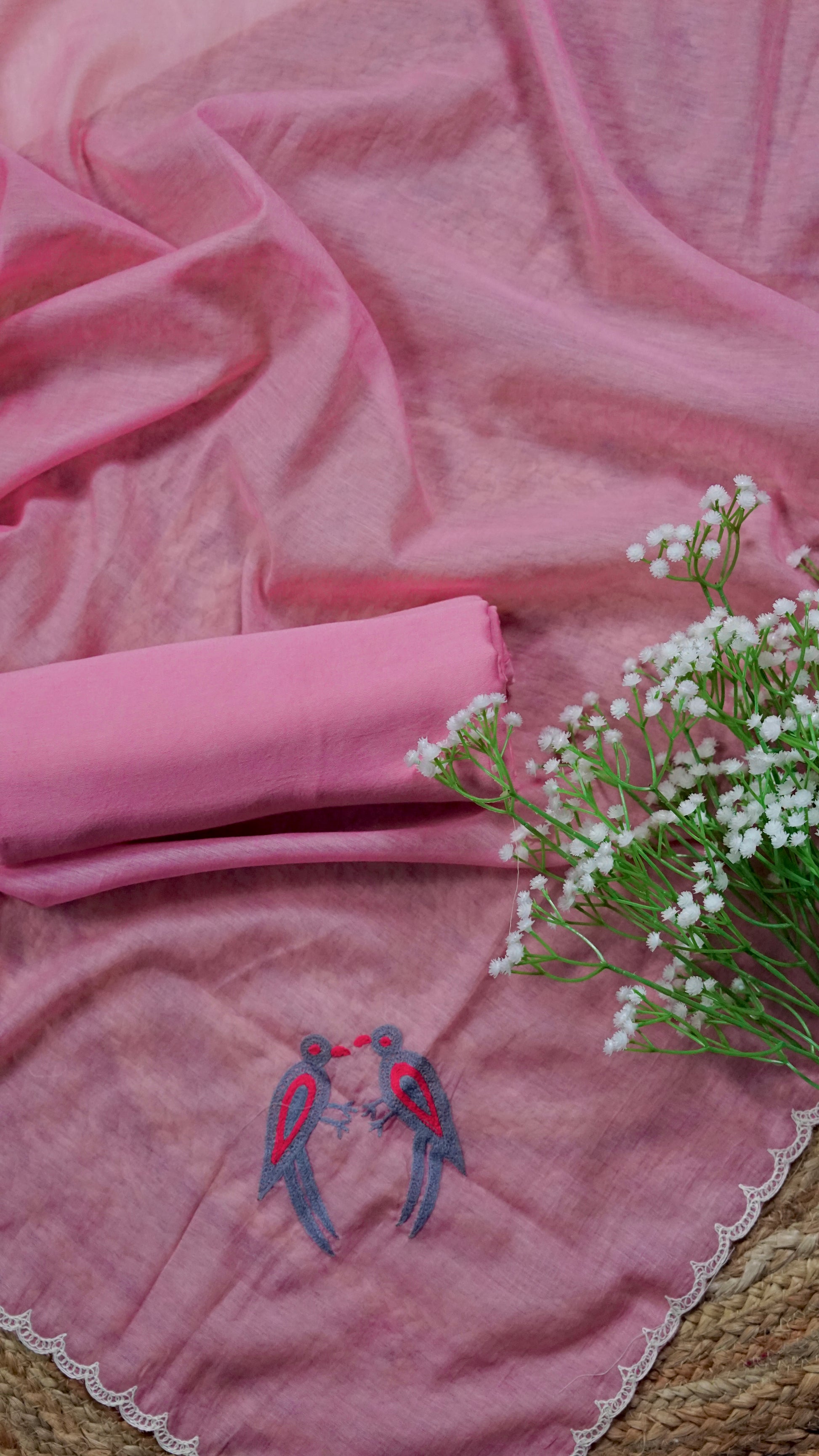 Ruhani – Pink Cotton Chanderi Unstitched Dori & Resham Embroidered Suit Set