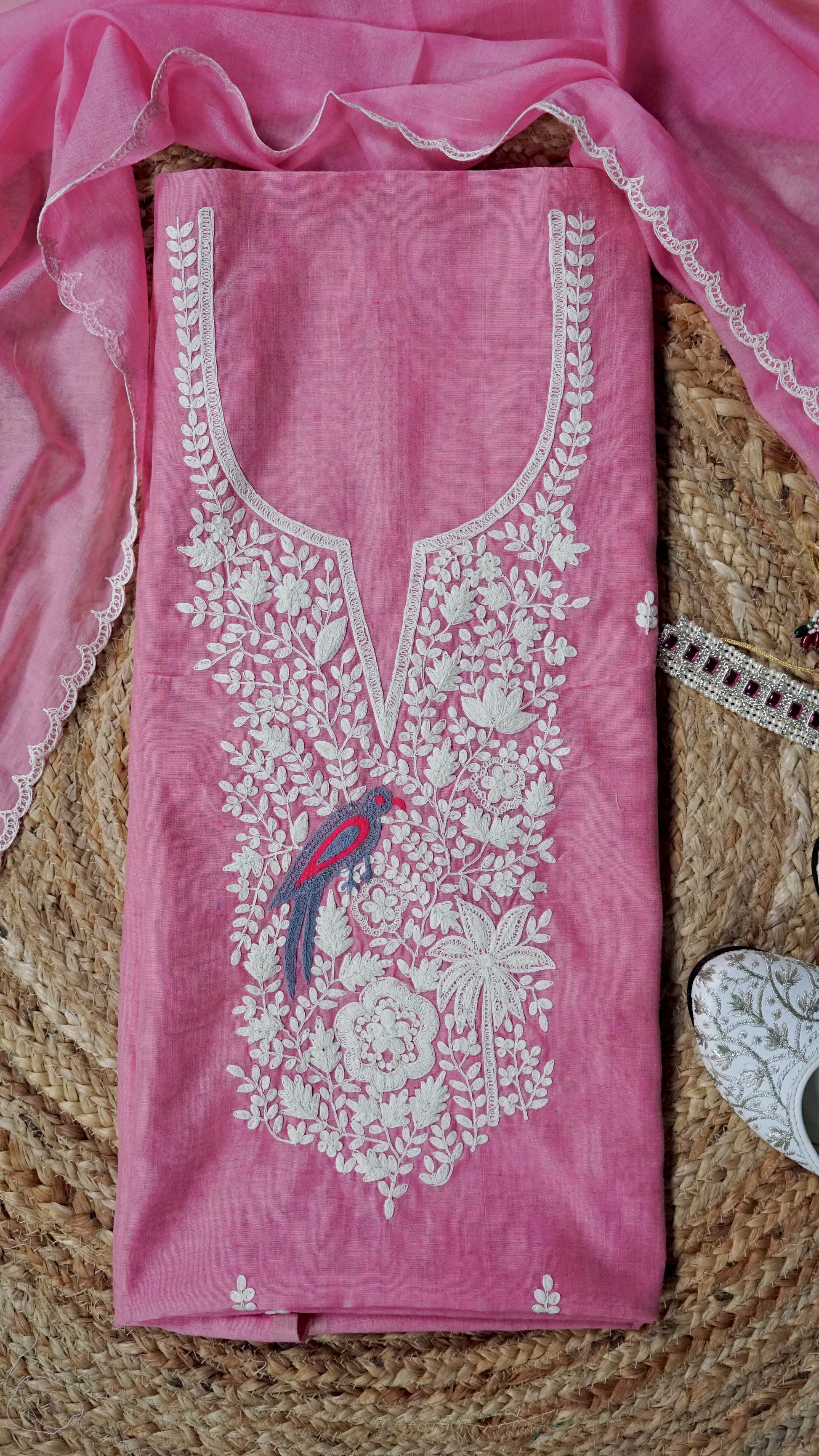 Ruhani – Pink Cotton Chanderi Unstitched Dori & Resham Embroidered Suit Set