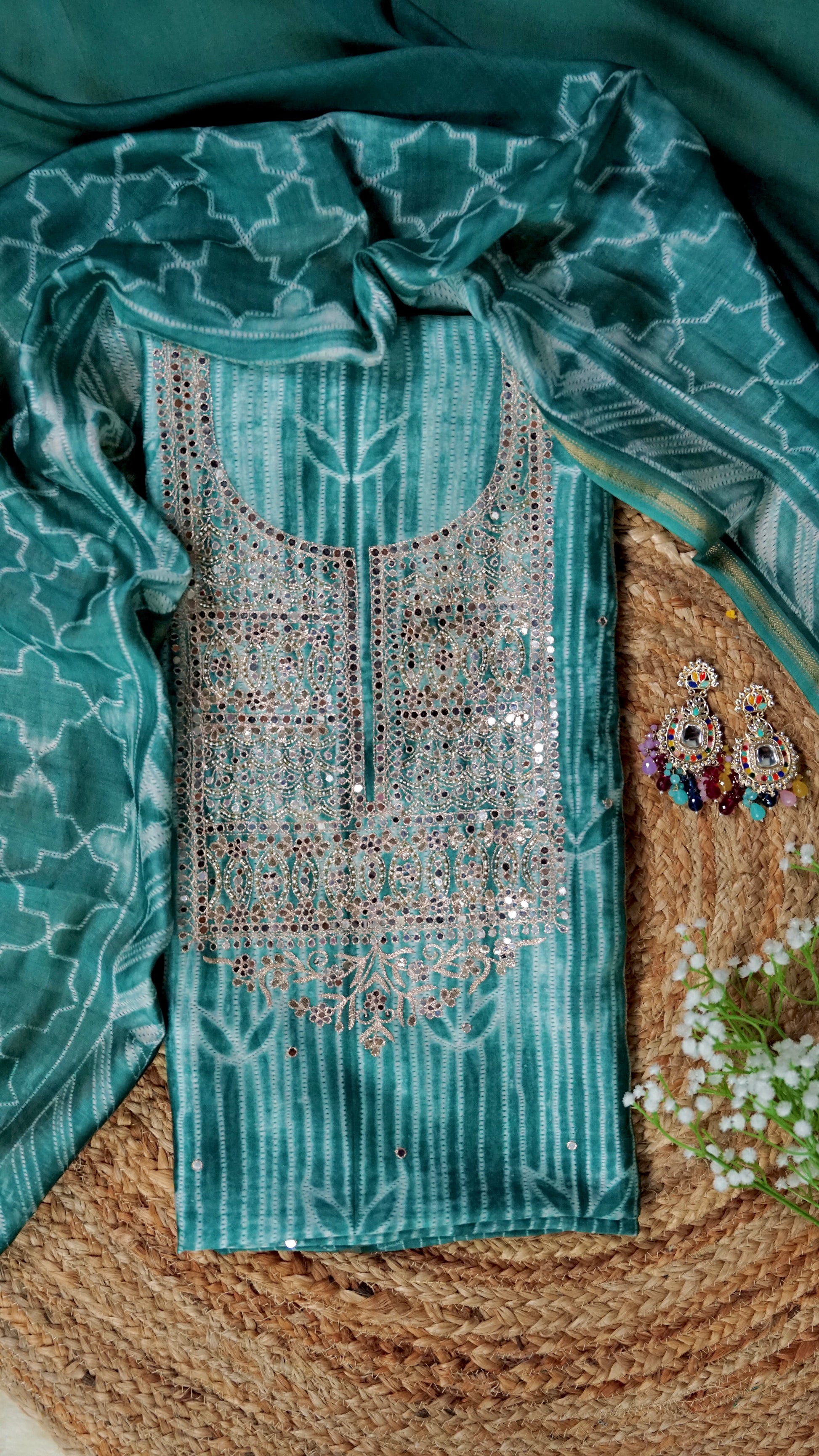 Varnika – Mint Green Banarasi Tissue Unstitched Zari & Mirror Embroidered Suit