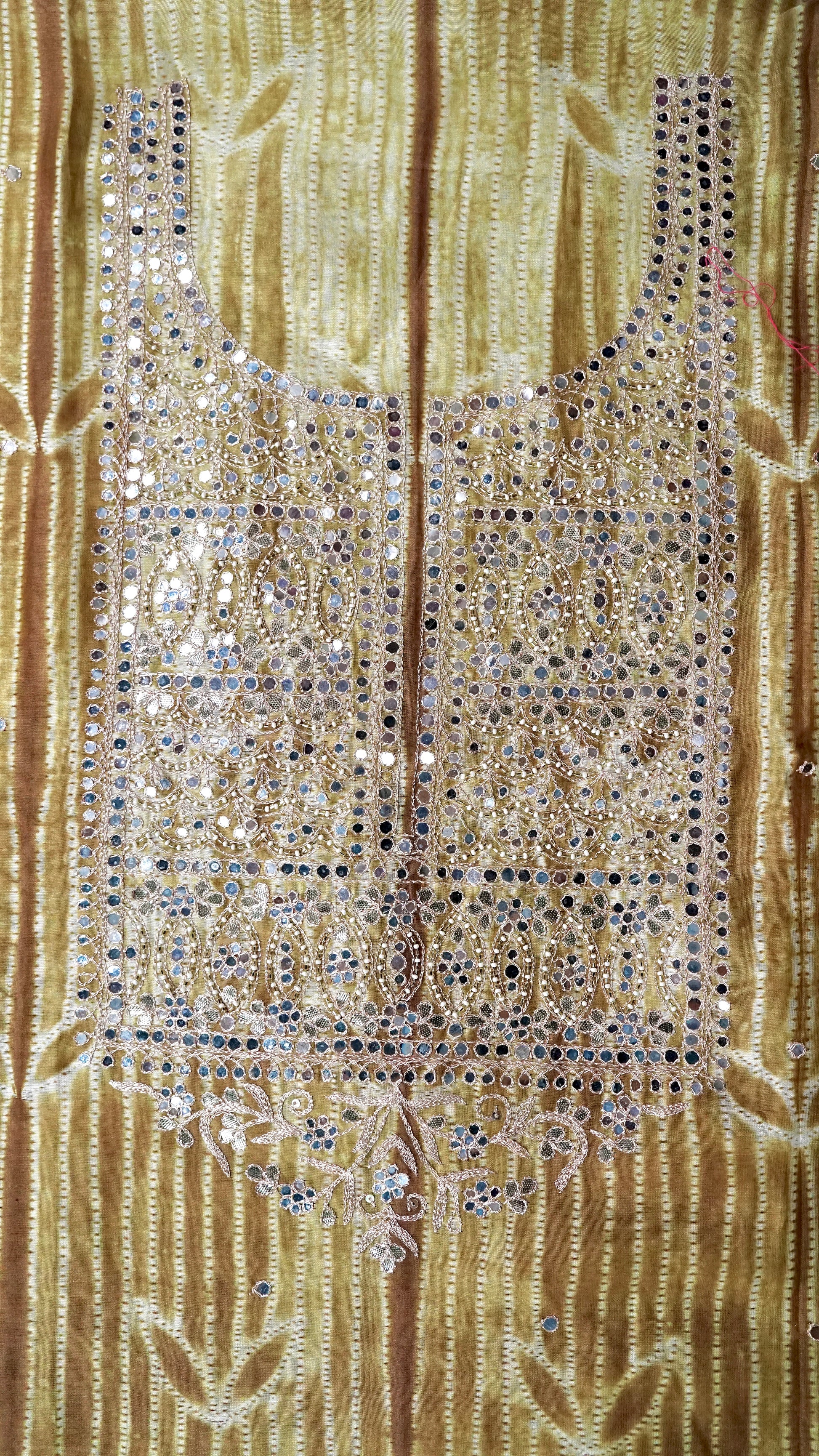 Amodini – Mustard Brown Chanderi Unstitched Needle Dyed & Mirror Embroidered Suit Set