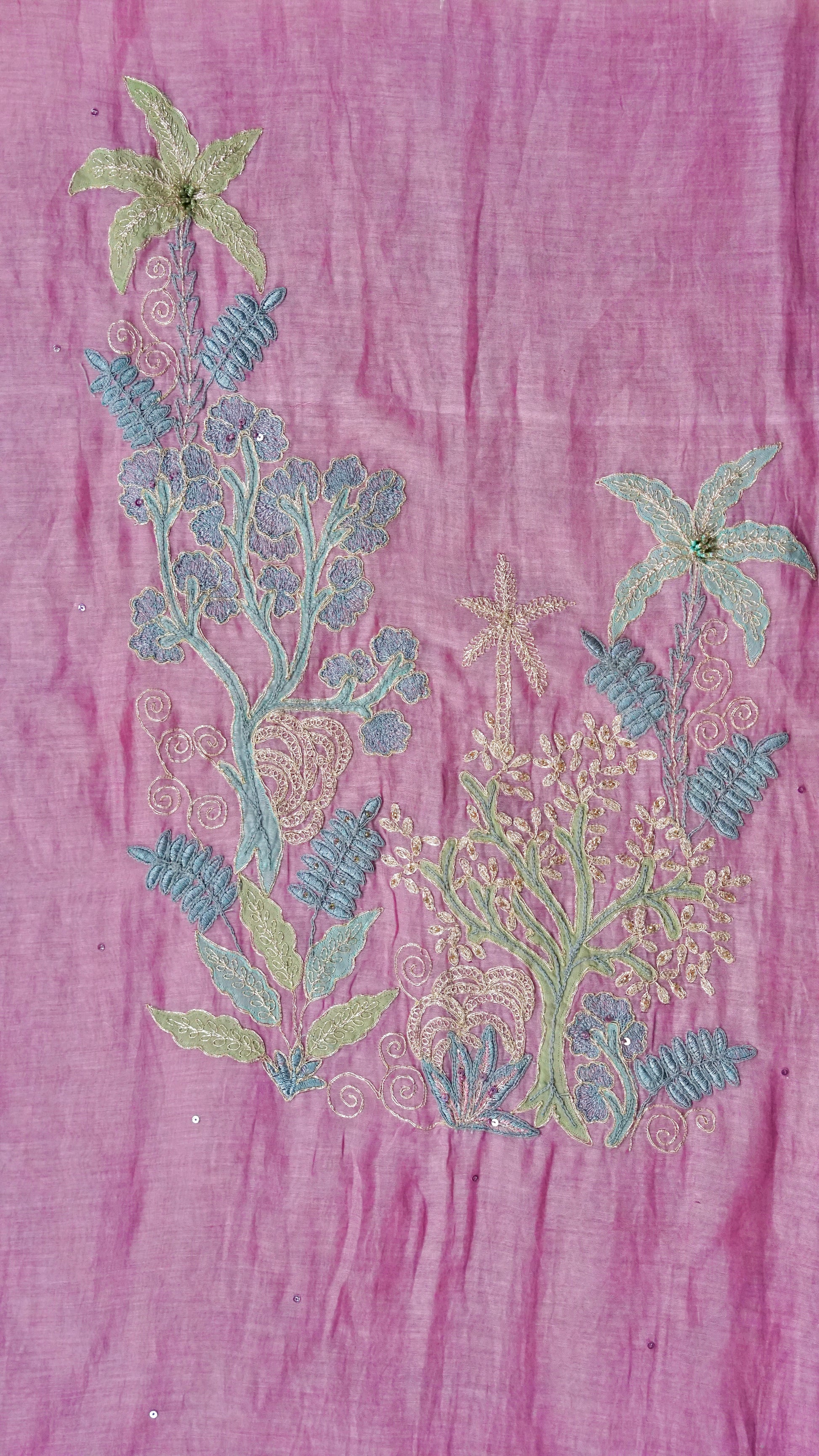 Blush Sequin Reverie – Pink Mulmul Chanderi Unstitched Zari & Pearl Embroidered Suit Set