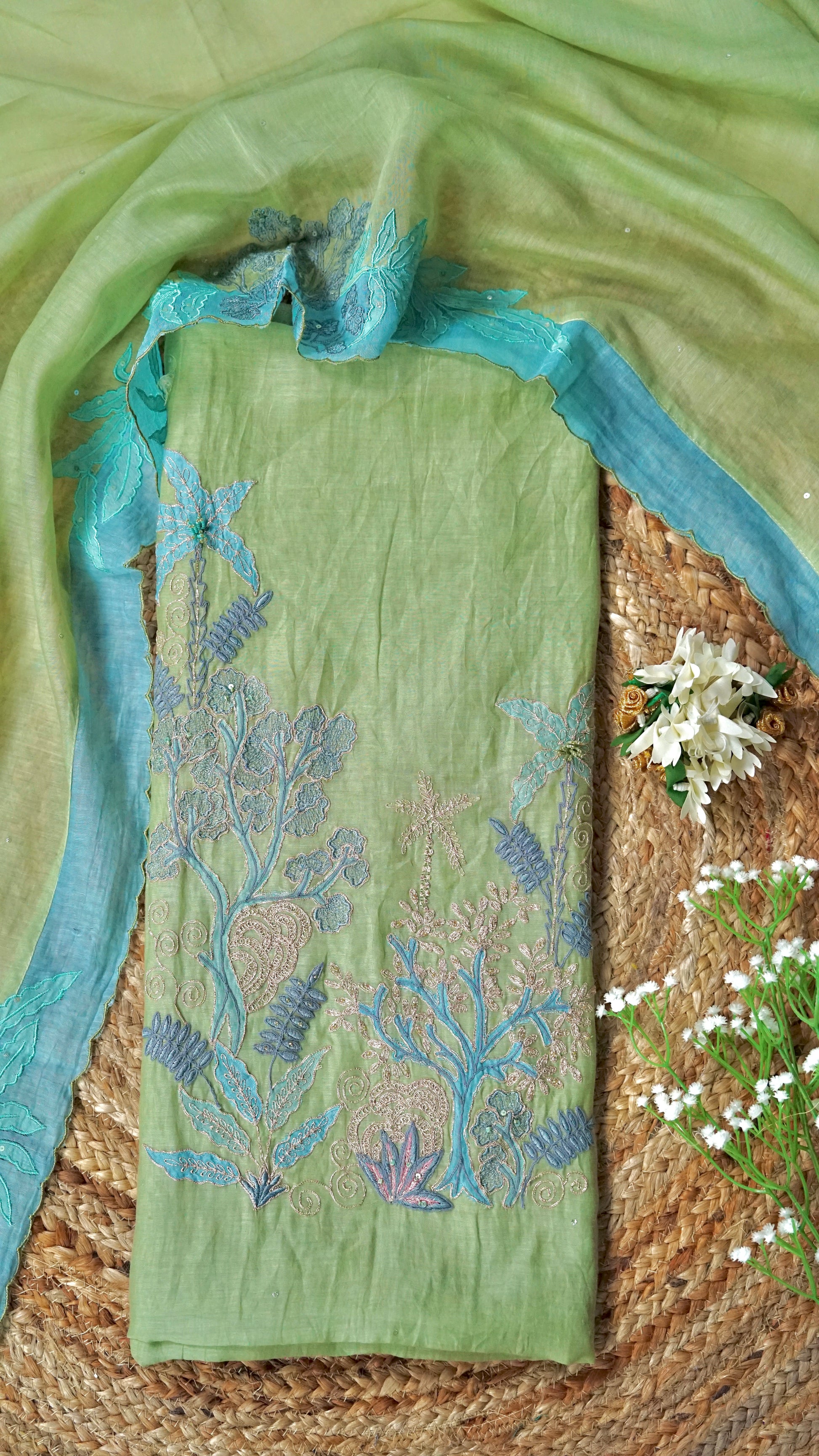 Noor Cascade – Mint Green Mulmul Chanderi Unstitched Sequin & Zari Embroidered Suit Set
