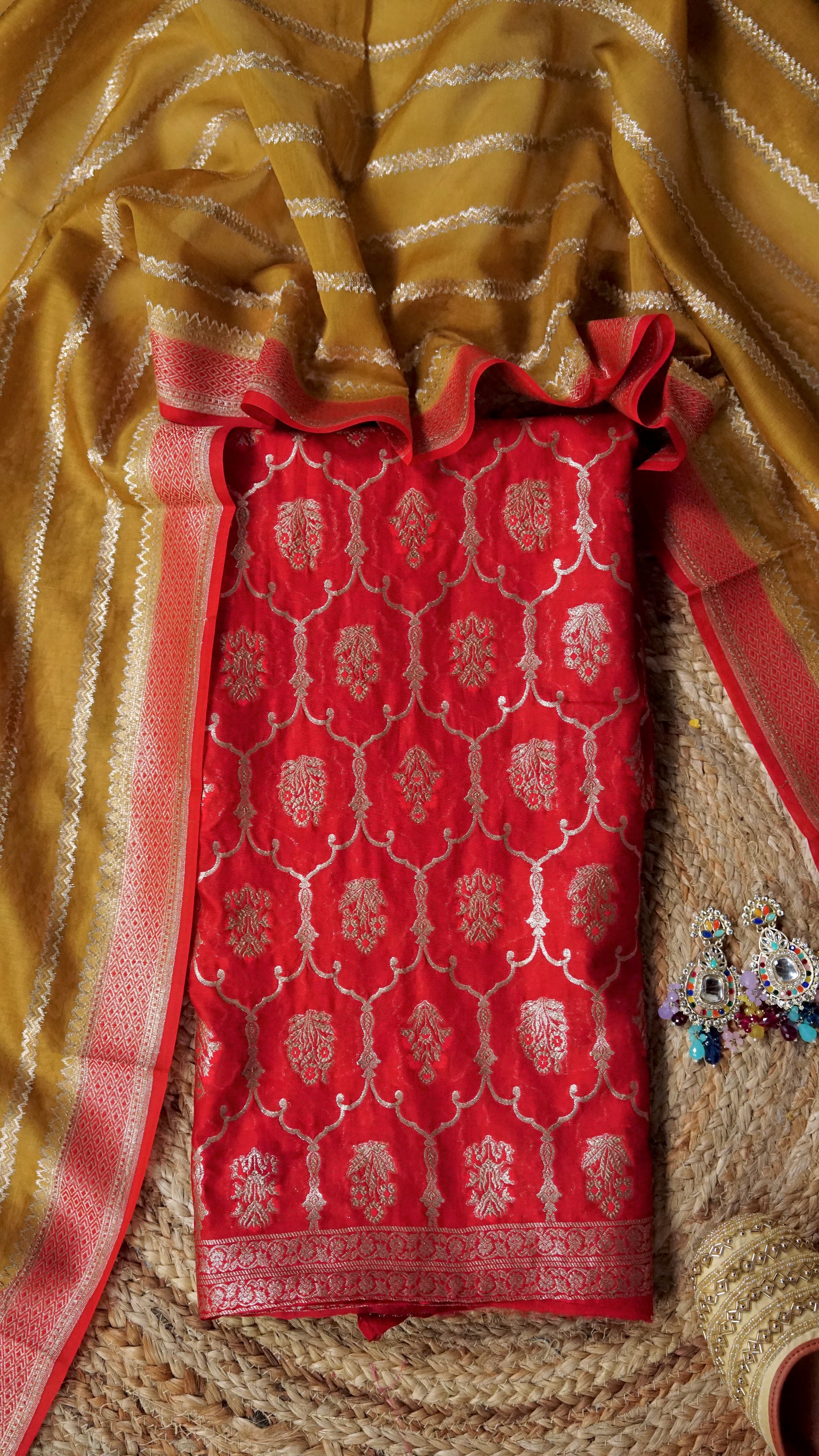 Scarlet Zari Muse – Red Banarasi Chanderi Unstitched Zari Woven Suit Set