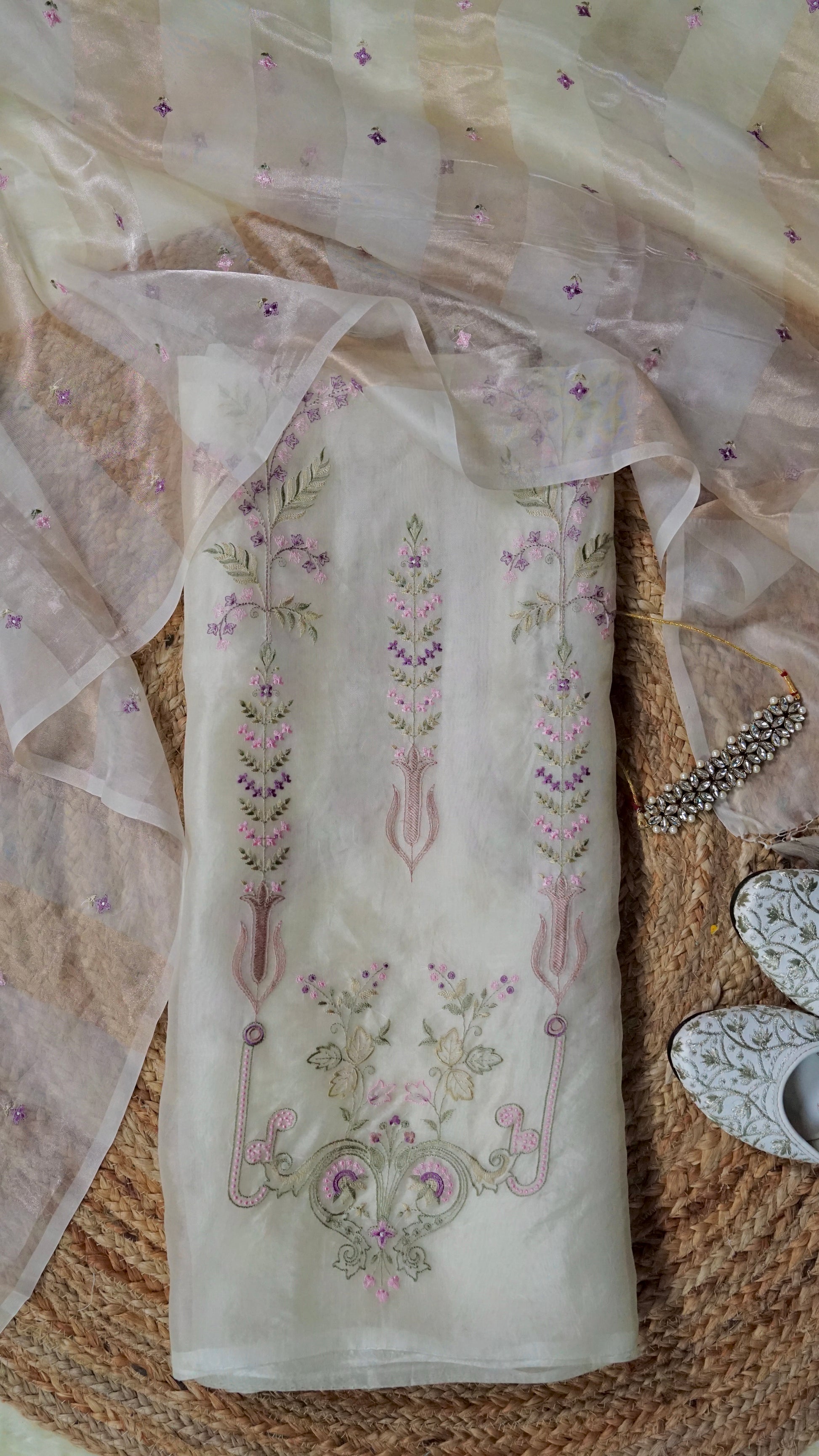 Ivory Meadow Weave – Cream Organza Unstitched Multicolour Resham & Zari Embroidered Suit Set