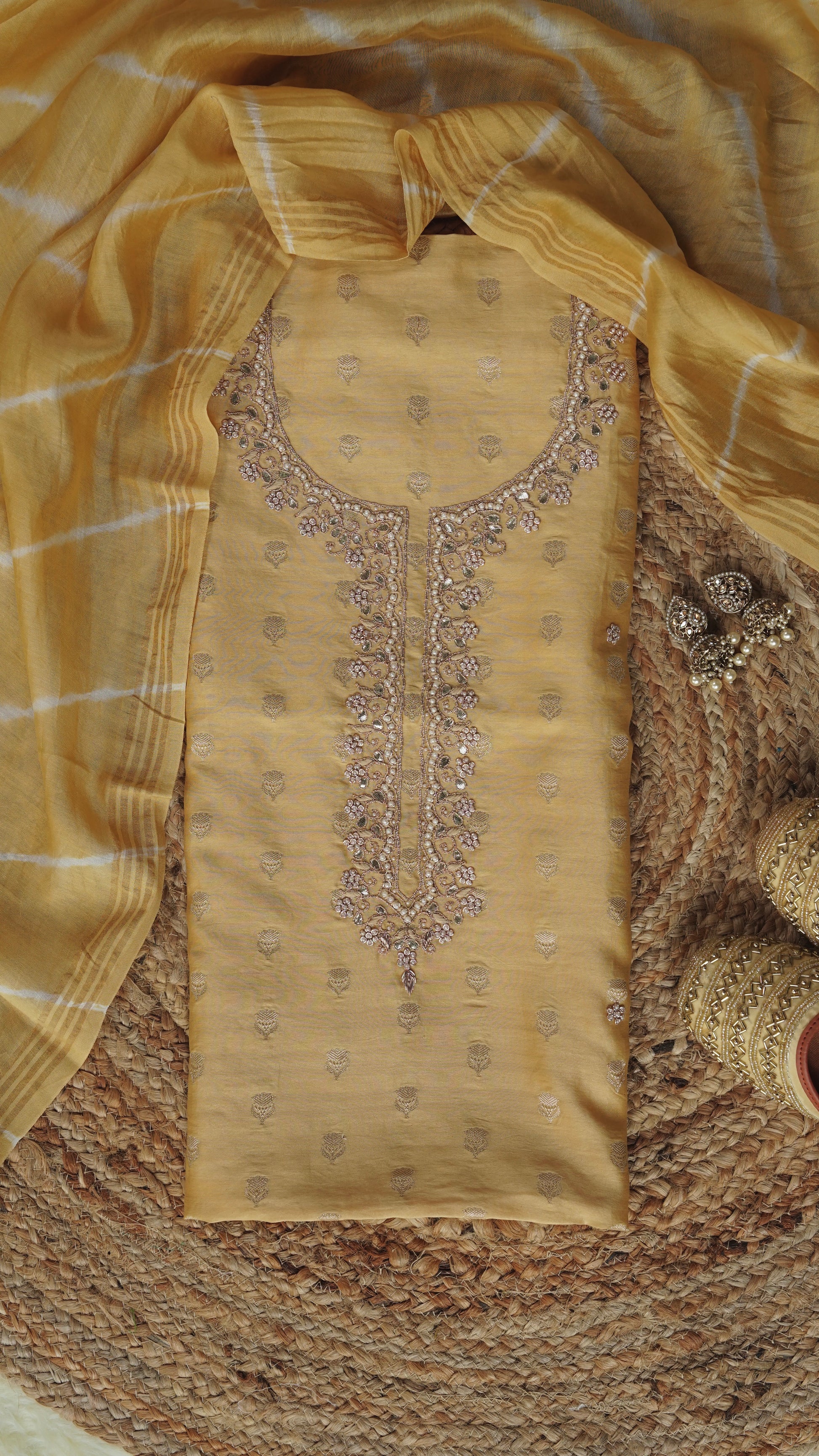 Kumudini – Yellow Banarasi Chanderi Unstitched Zari & Gotta Patti Embroidered Suit Set