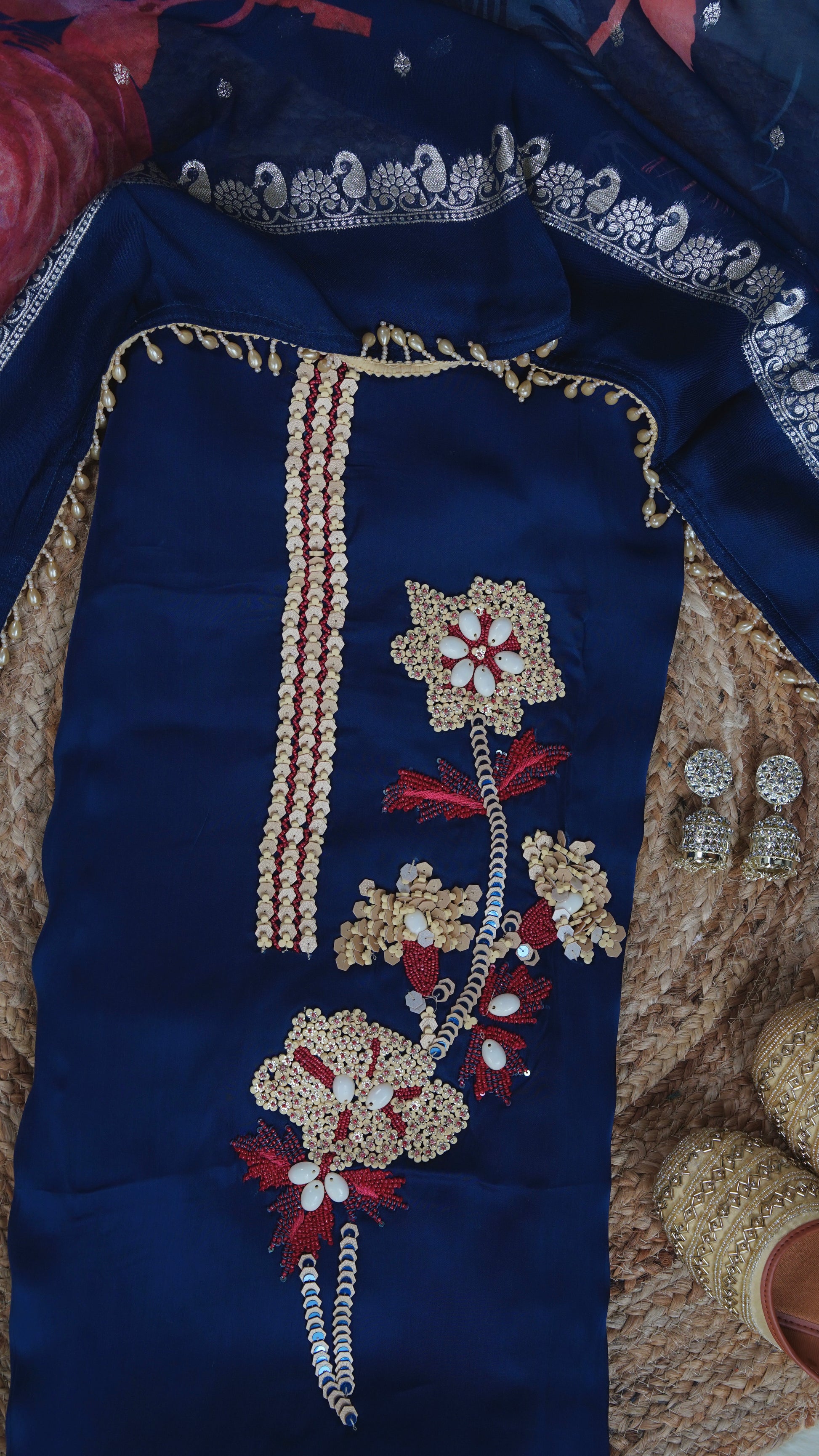 Nishka – Royal Blue Crepe Unstitched Wood Sequin & Pearl Embroidered Suit Set