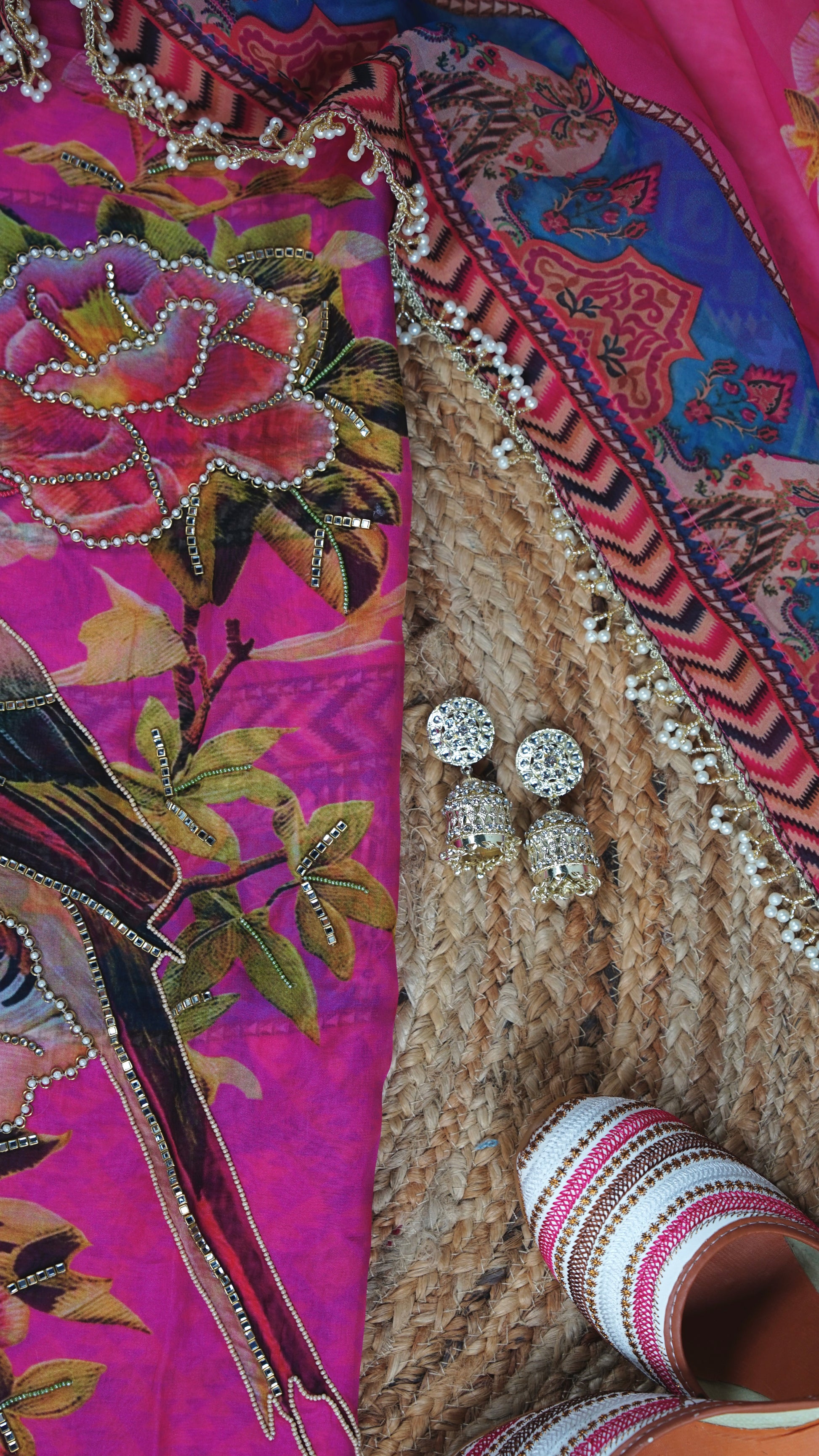 Anvika – Pink Organza Unstitched Kundan & Pearl Embellished Printed Suit Set