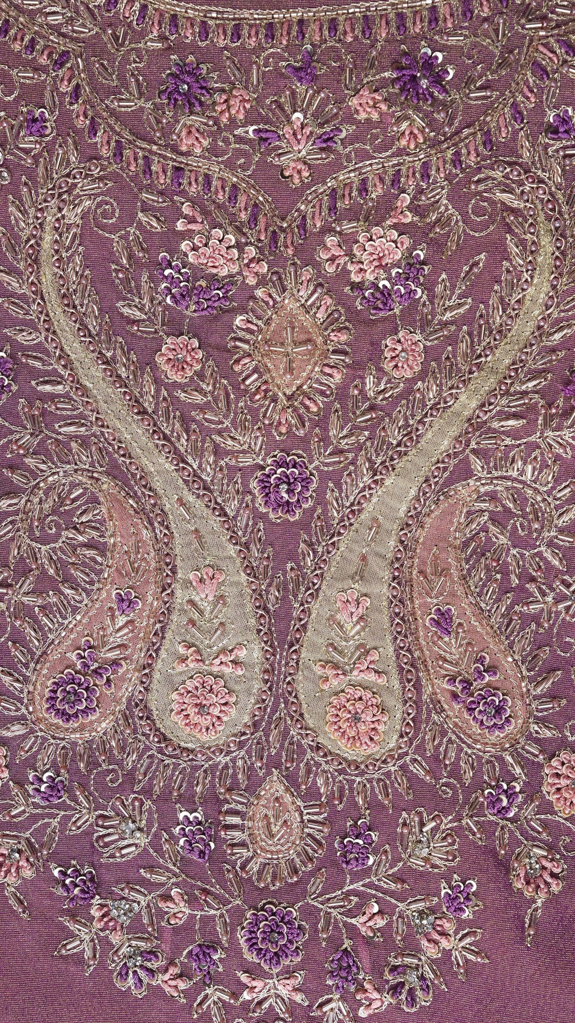 Anvitha – Purple Tissue Fabric Unstitched Resham & Pearl Embroidered Suit Set