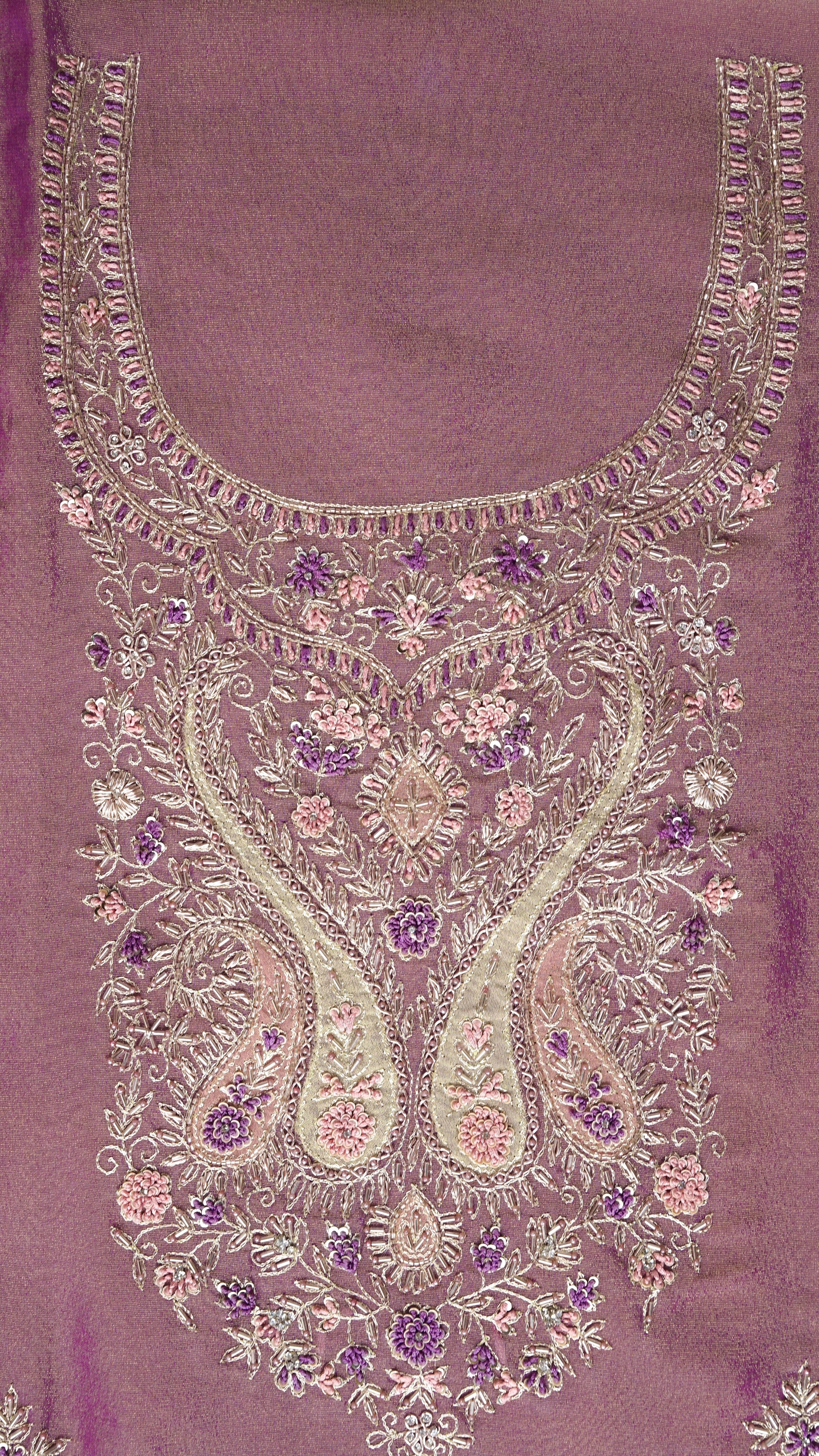 Anvitha – Purple Tissue Fabric Unstitched Resham & Pearl Embroidered Suit Set
