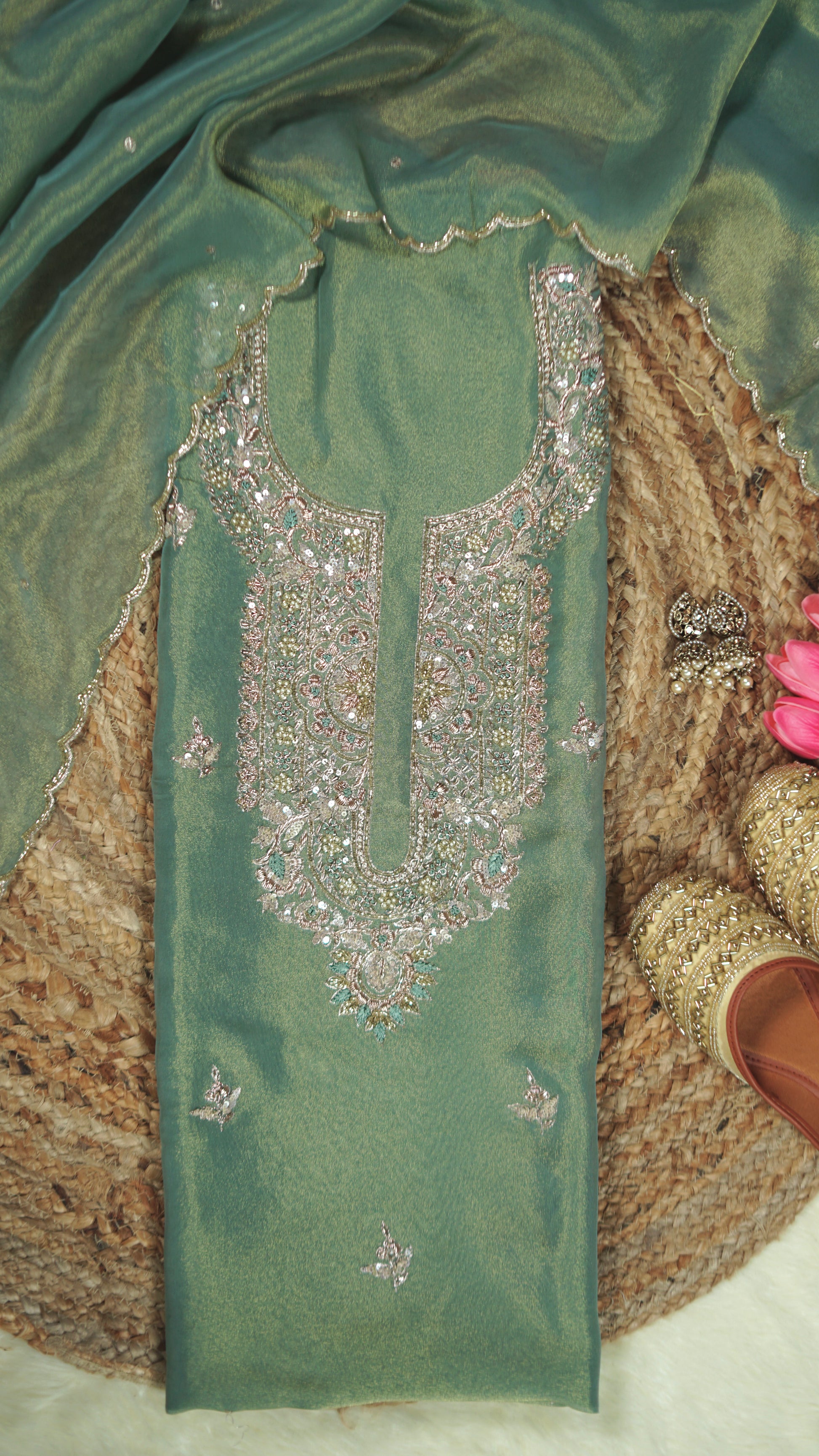 Zarreen Gul – Green Tissue Embroidered Party Suit Set
