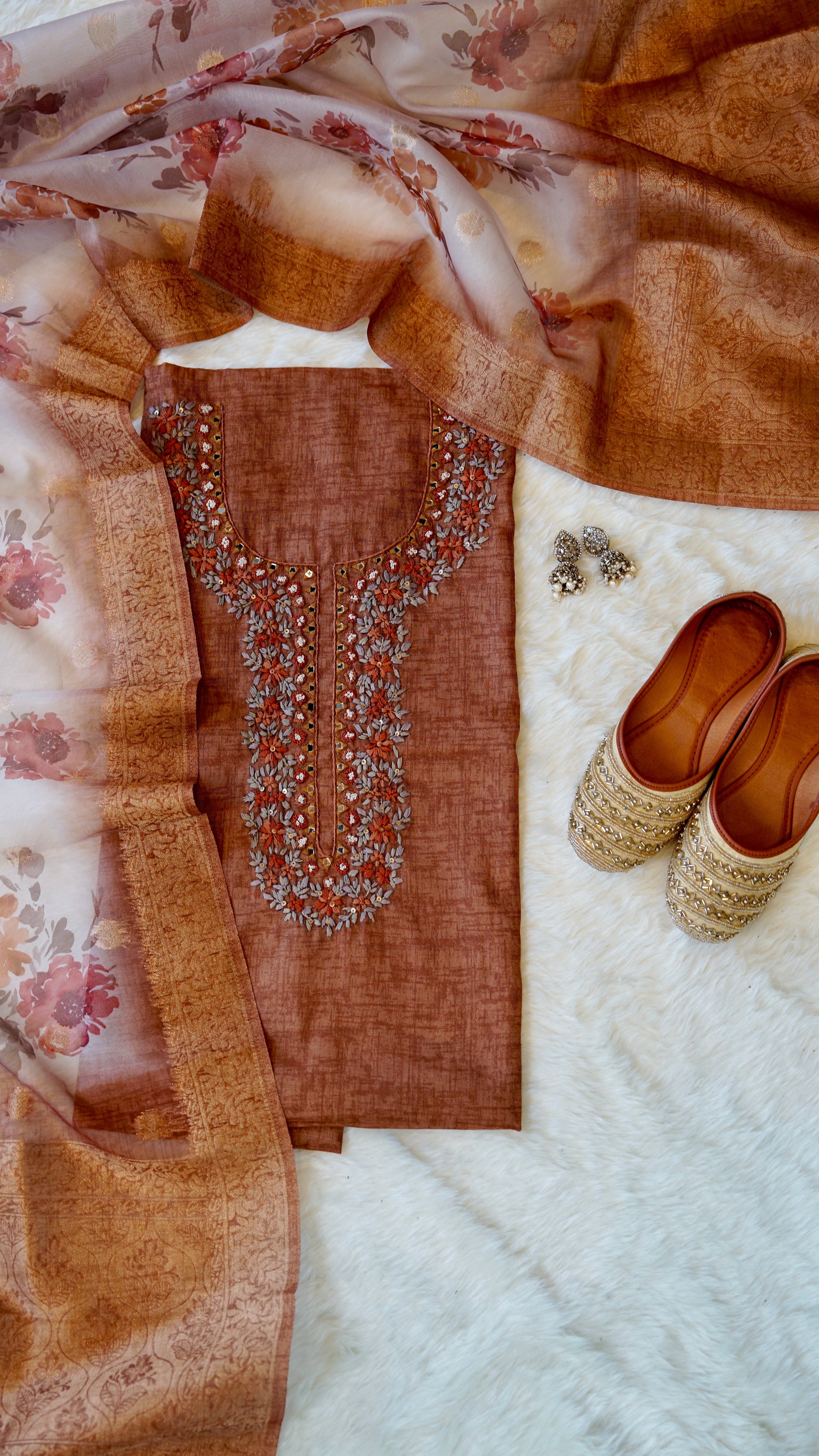Chameli – Cream Kota Tissue Unstitched Zari Weave Suit Set