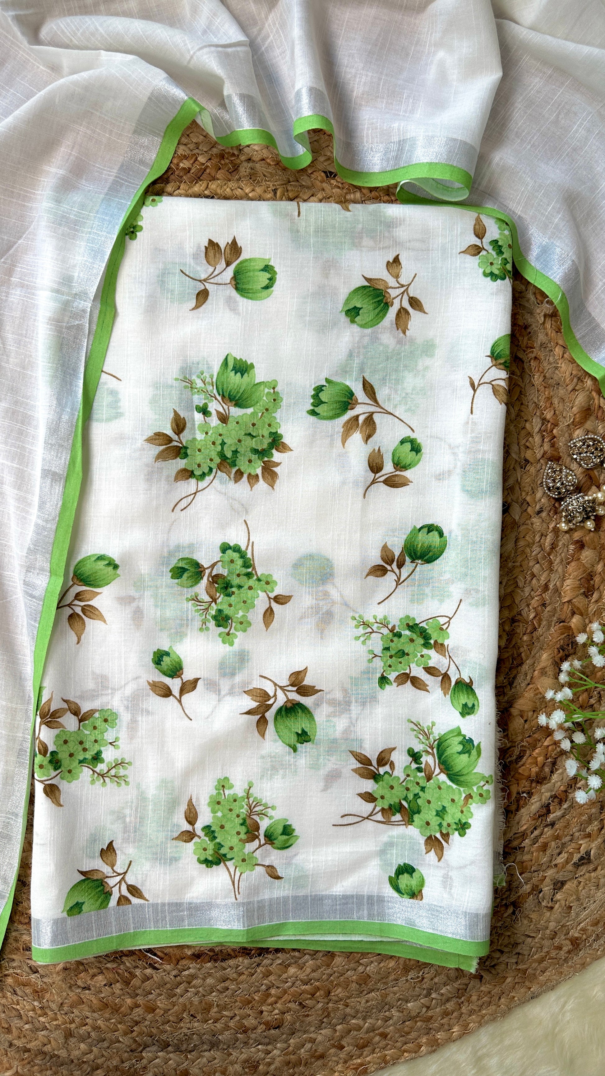 Gulbahaar – White Linen Unstitched Floral Suit Set in Green & Brown