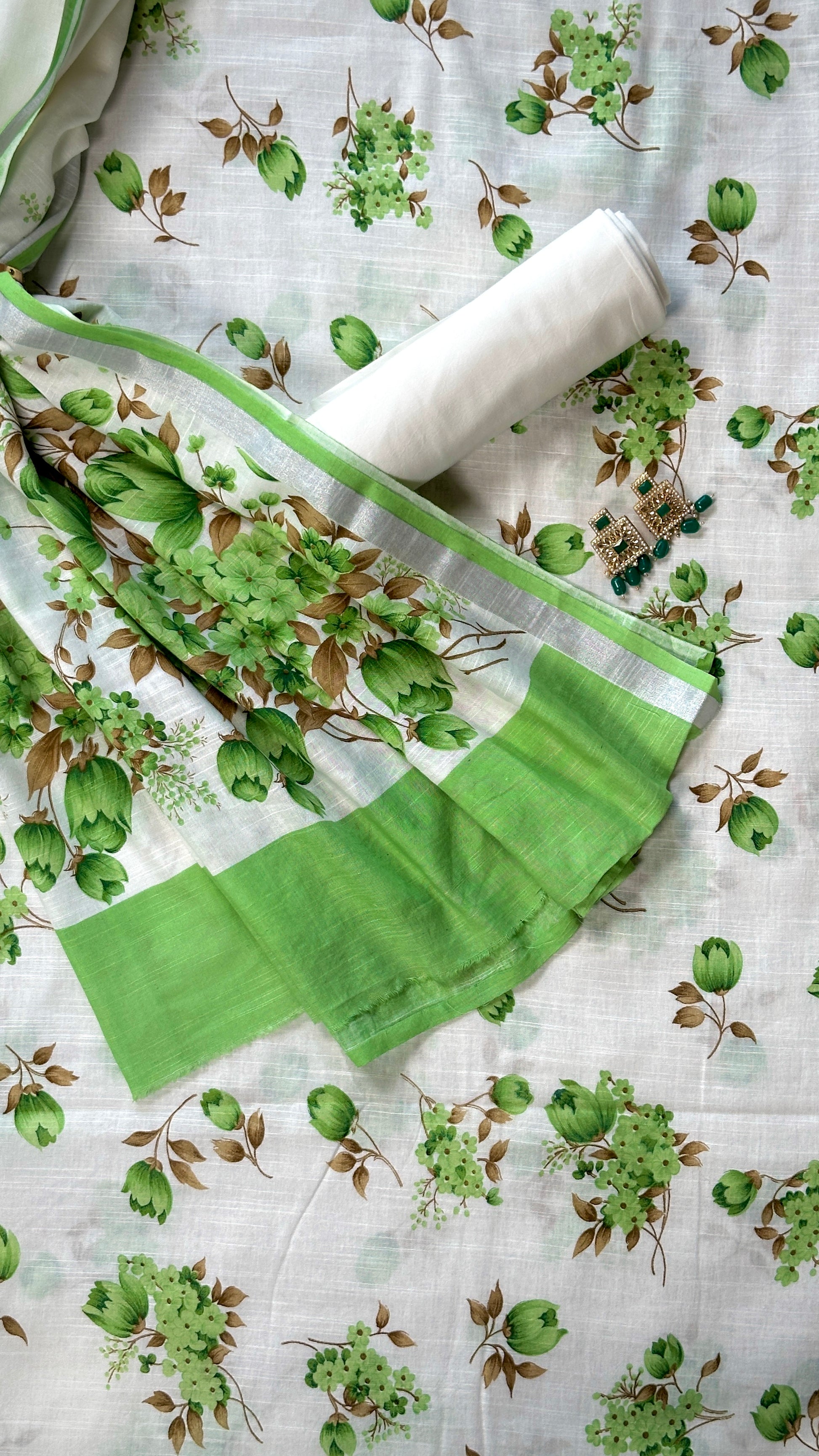 Gulbahaar – White Linen Unstitched Floral Suit Set in Green & Brown