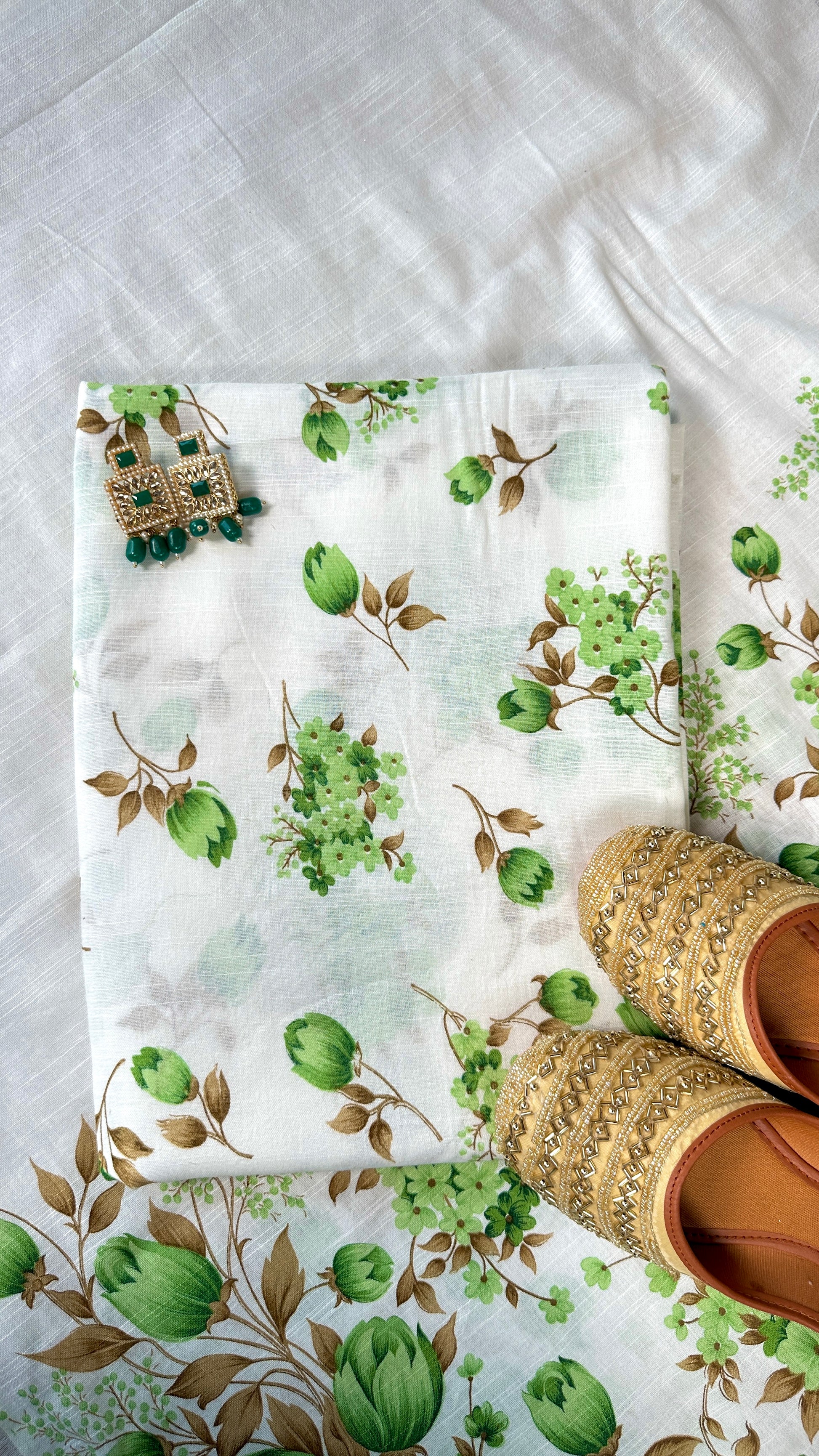 Gulbahaar – White Linen Unstitched Floral Suit Set in Green & Brown