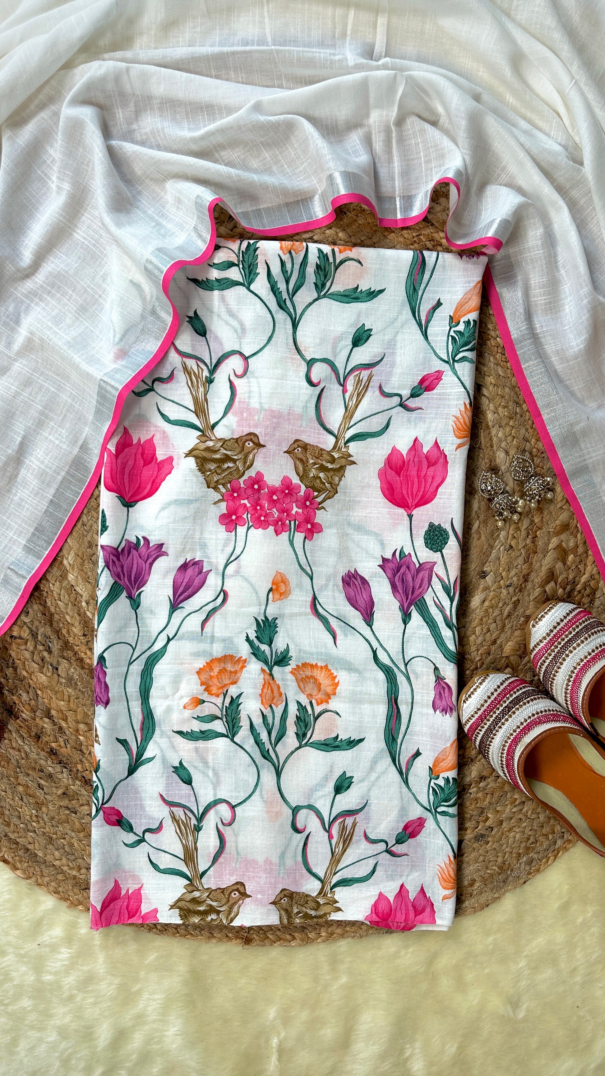 Phoolvika – White Linen Unstitched Floral Suit Set with Multicolor Print