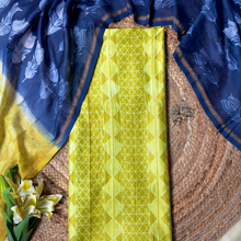 Neelvira – Lime Green Chanderi Unstitched Suit with Indigo Needle Dying