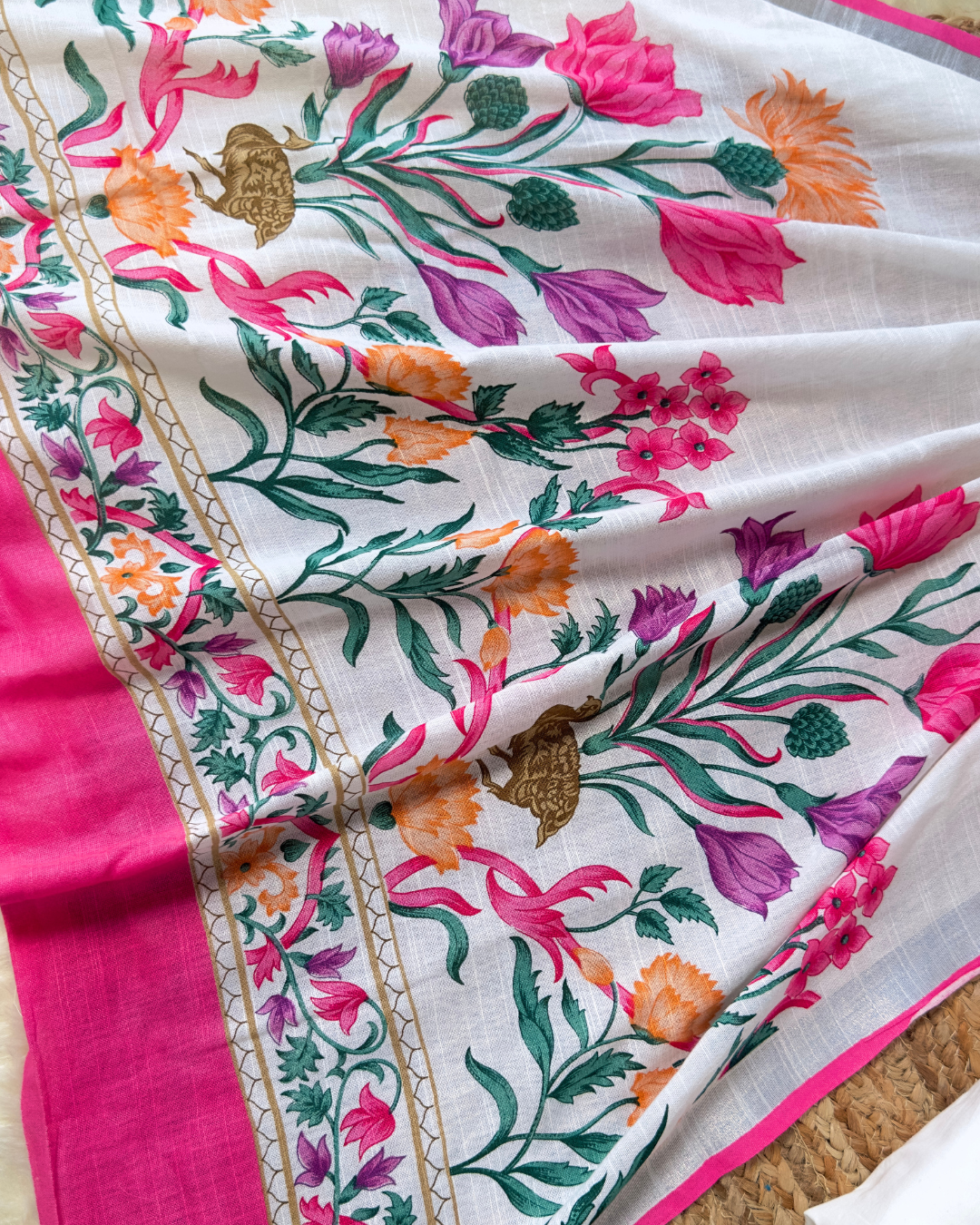 Phoolvika – White Linen Unstitched Floral Suit Set with Multicolor Print
