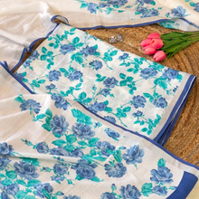 Neelpushp – White Linen Unstitched Floral Suit Set in Ferozi & Blue