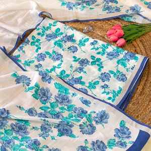 Neelpushp – White Linen Unstitched Floral Suit Set in Ferozi & Blue