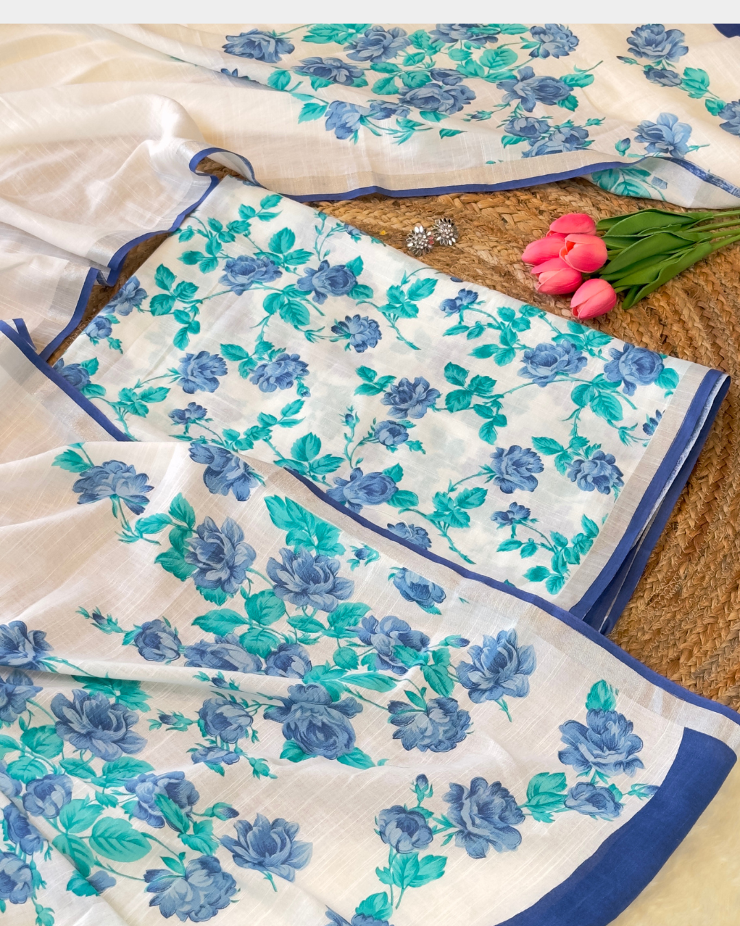 Neelpushp – White Linen Unstitched Floral Suit Set in Ferozi & Blue