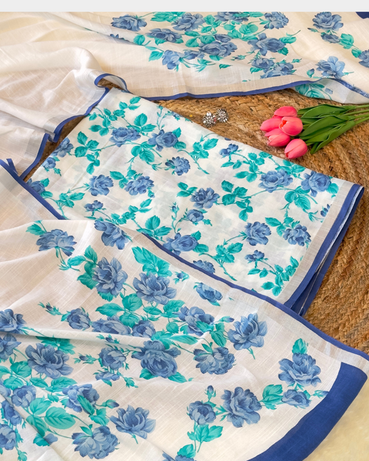 Neelpushp – White Linen Unstitched Floral Suit Set in Ferozi & Blue