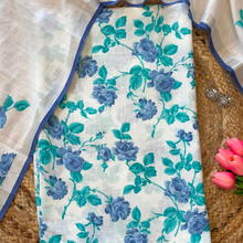 Neelpushp – White Linen Unstitched Floral Suit Set in Ferozi & Blue