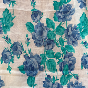 Neelpushp – White Linen Unstitched Floral Suit Set in Ferozi & Blue