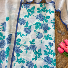 Neelpushp – White Linen Unstitched Floral Suit Set in Ferozi & Blue