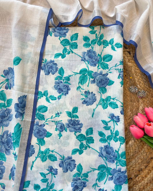Neelpushp – White Linen Unstitched Floral Suit Set in Ferozi & Blue