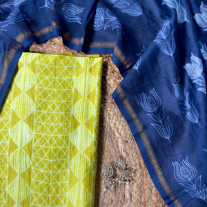 Neelvira – Lime Green Chanderi Unstitched Suit with Indigo Needle Dying