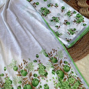 Gulbahaar – White Linen Unstitched Floral Suit Set in Green & Brown