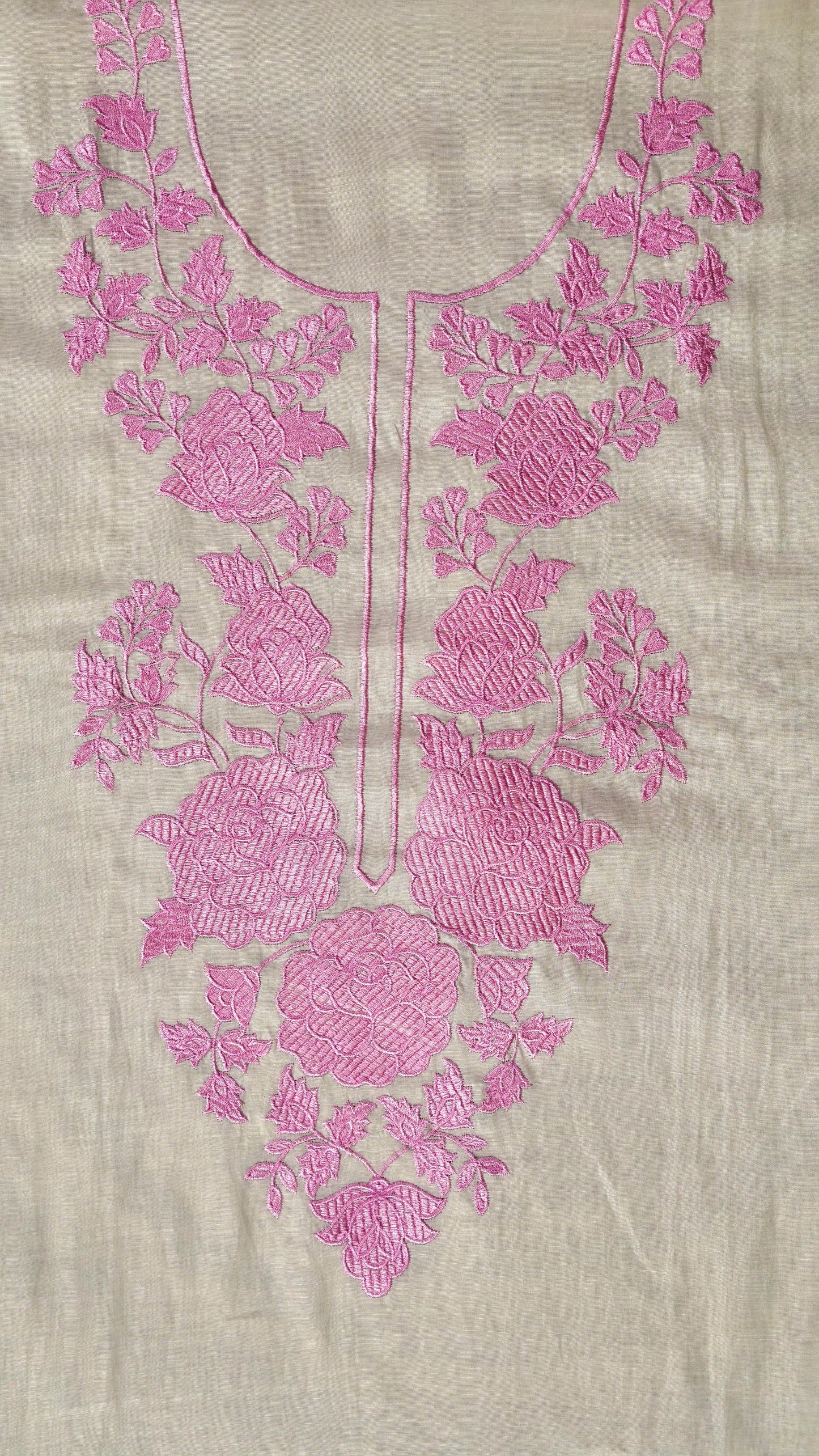 Beige Rosé WIshper- Light Beige Mulmul Chanderi Unstitched Resham Embroidered Suit Set